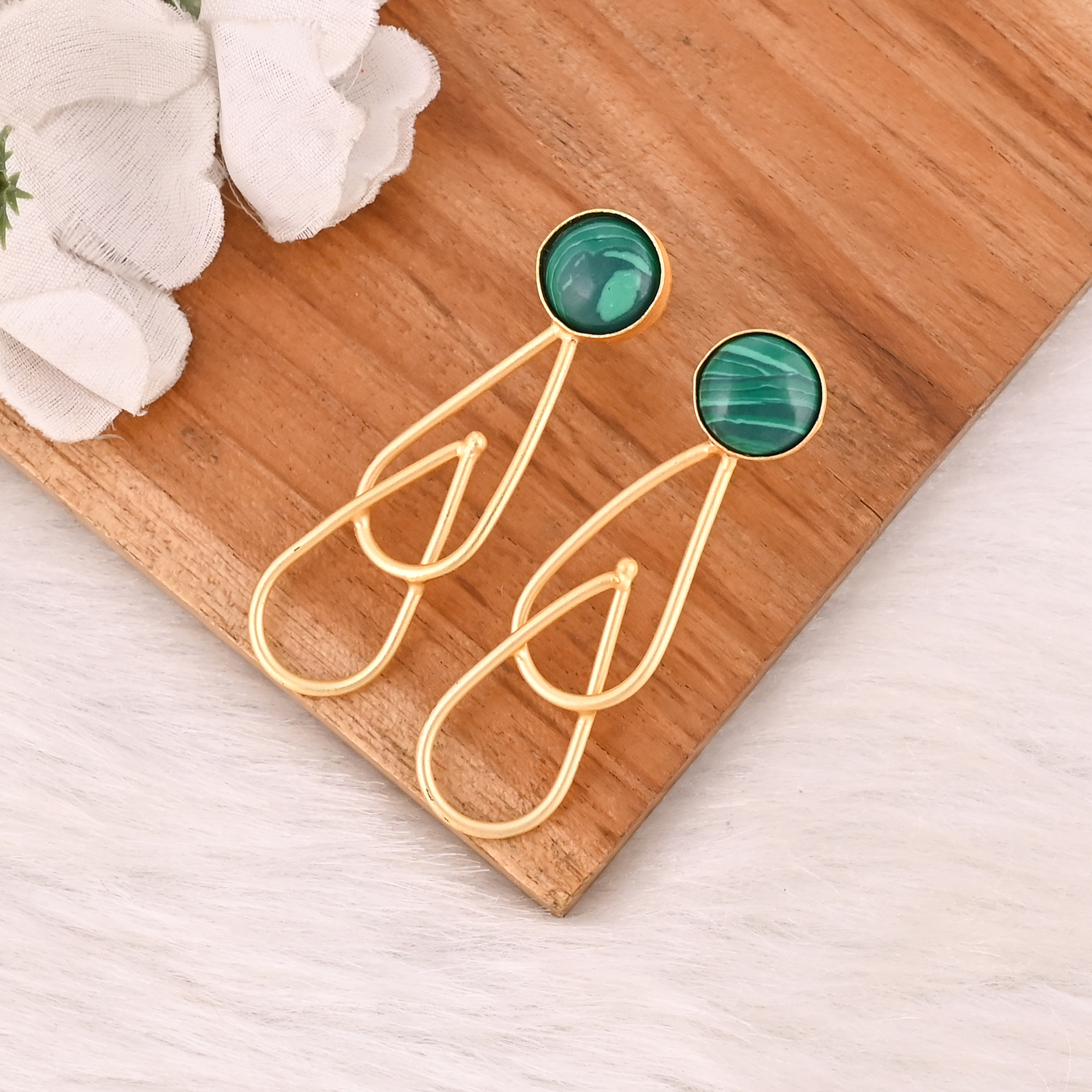 Handmade Natural Malachite Gemstone Brass Earrings Fashion Jewelry for Women