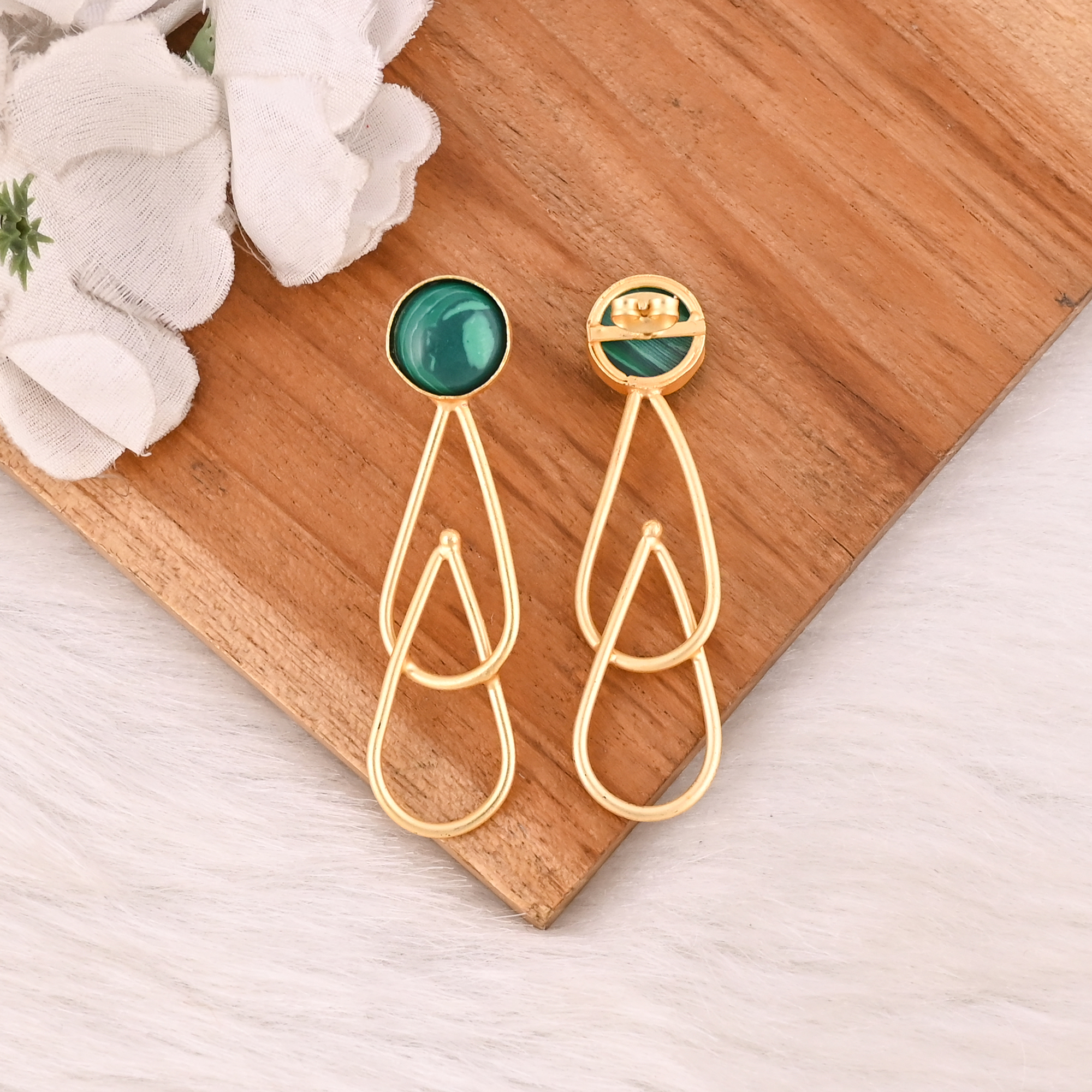 Handmade Natural Malachite Gemstone Brass Earrings Fashion Jewelry for Women