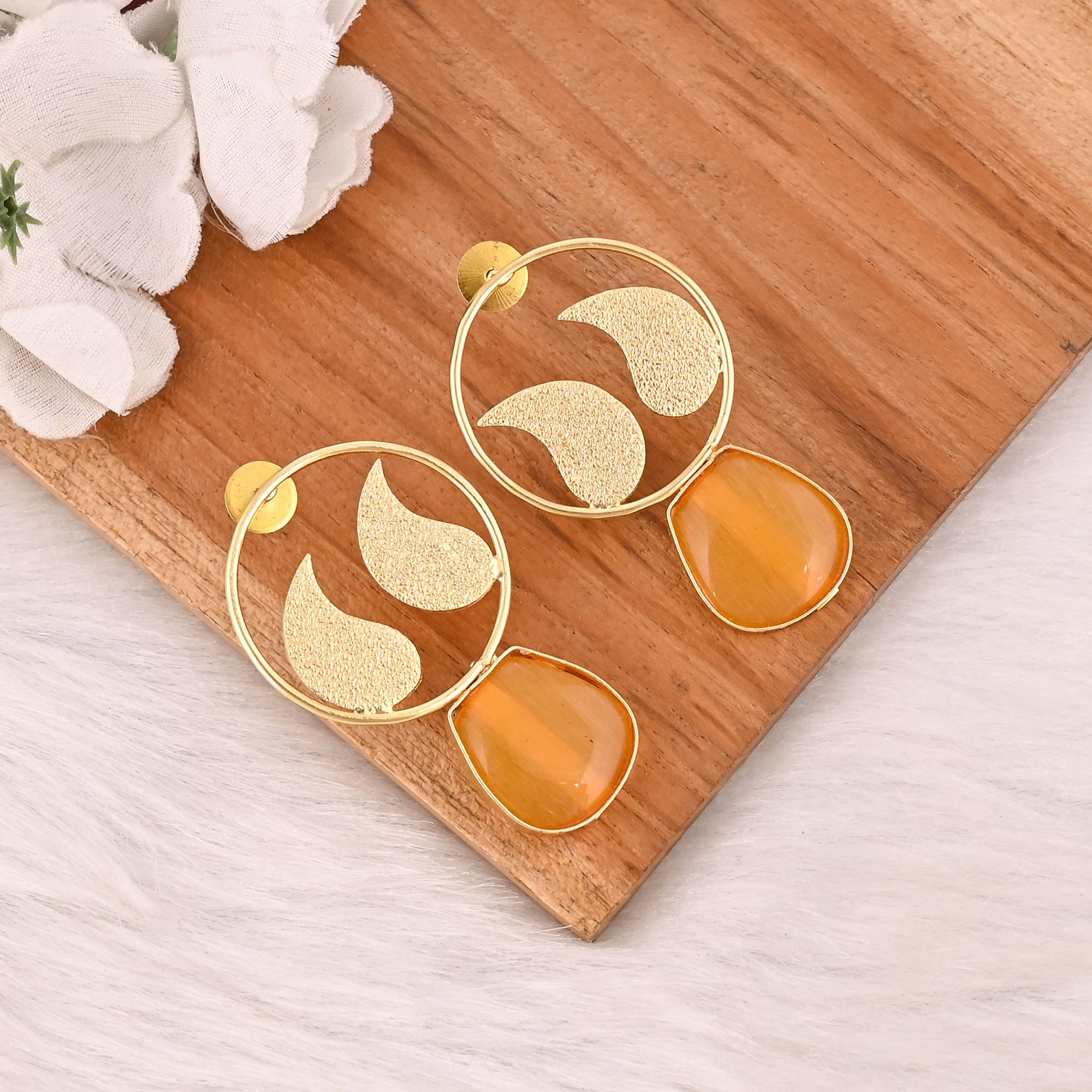 Elegant Yellow Cats Eye Gemstone Earrings Designer Brass Fashion Jewelry for Women
