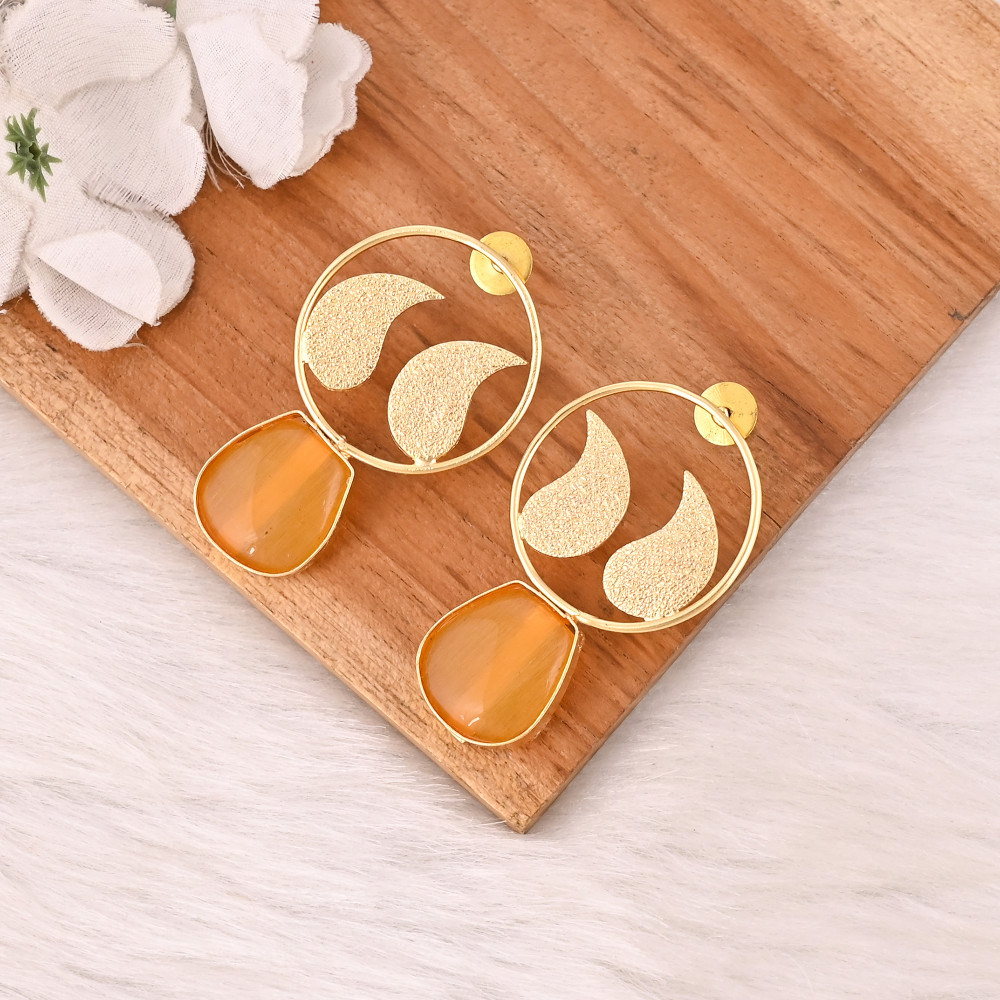 Image of Elegant Yellow Cat's Eye Gemstone Earrings Designer Brass Fashion Jewelry for Women