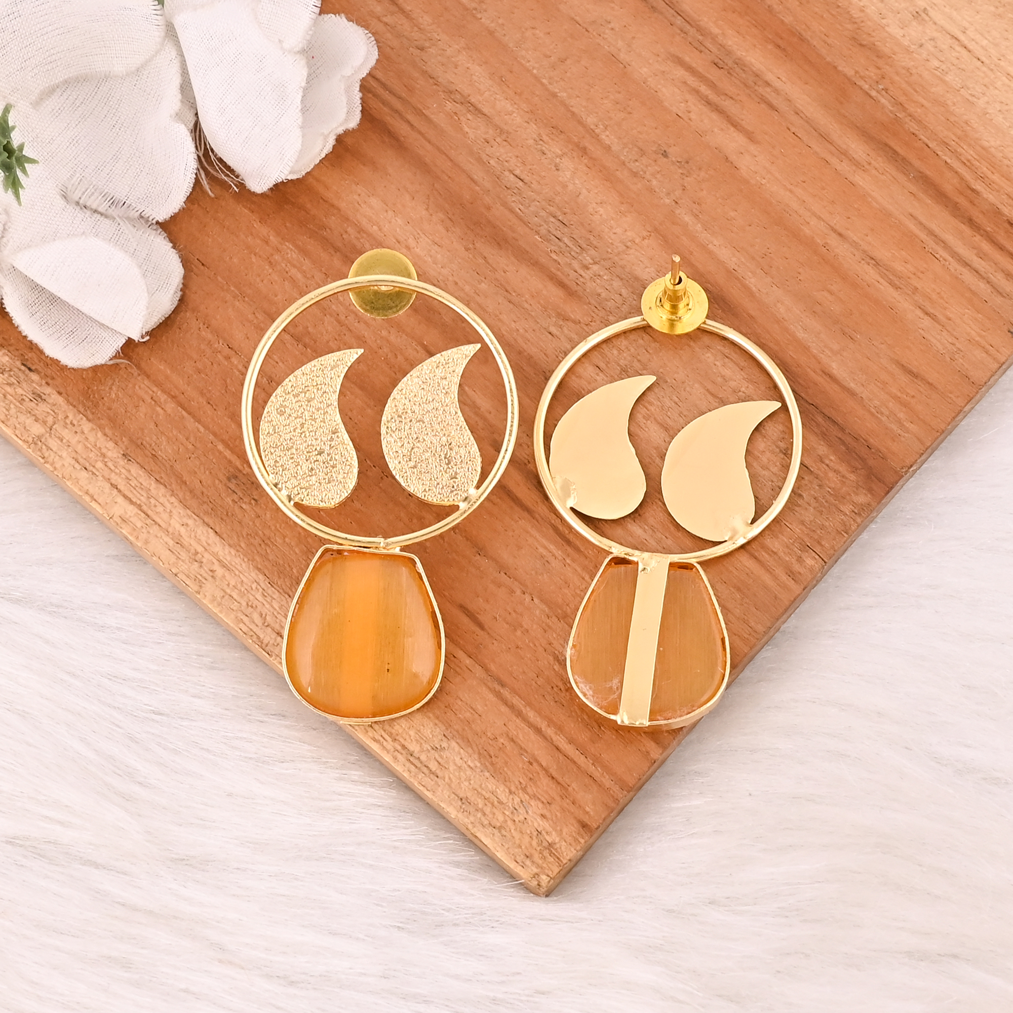 Elegant Yellow Cats Eye Gemstone Earrings Designer Brass Fashion Jewelry for Women