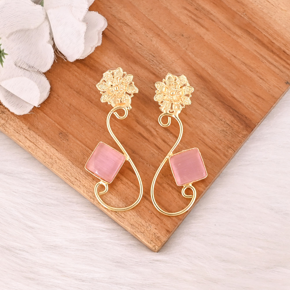 Image of Elegant Pink Cat's Eye Gemstone Earrings Designer Brass Fashion Jewelry for Women