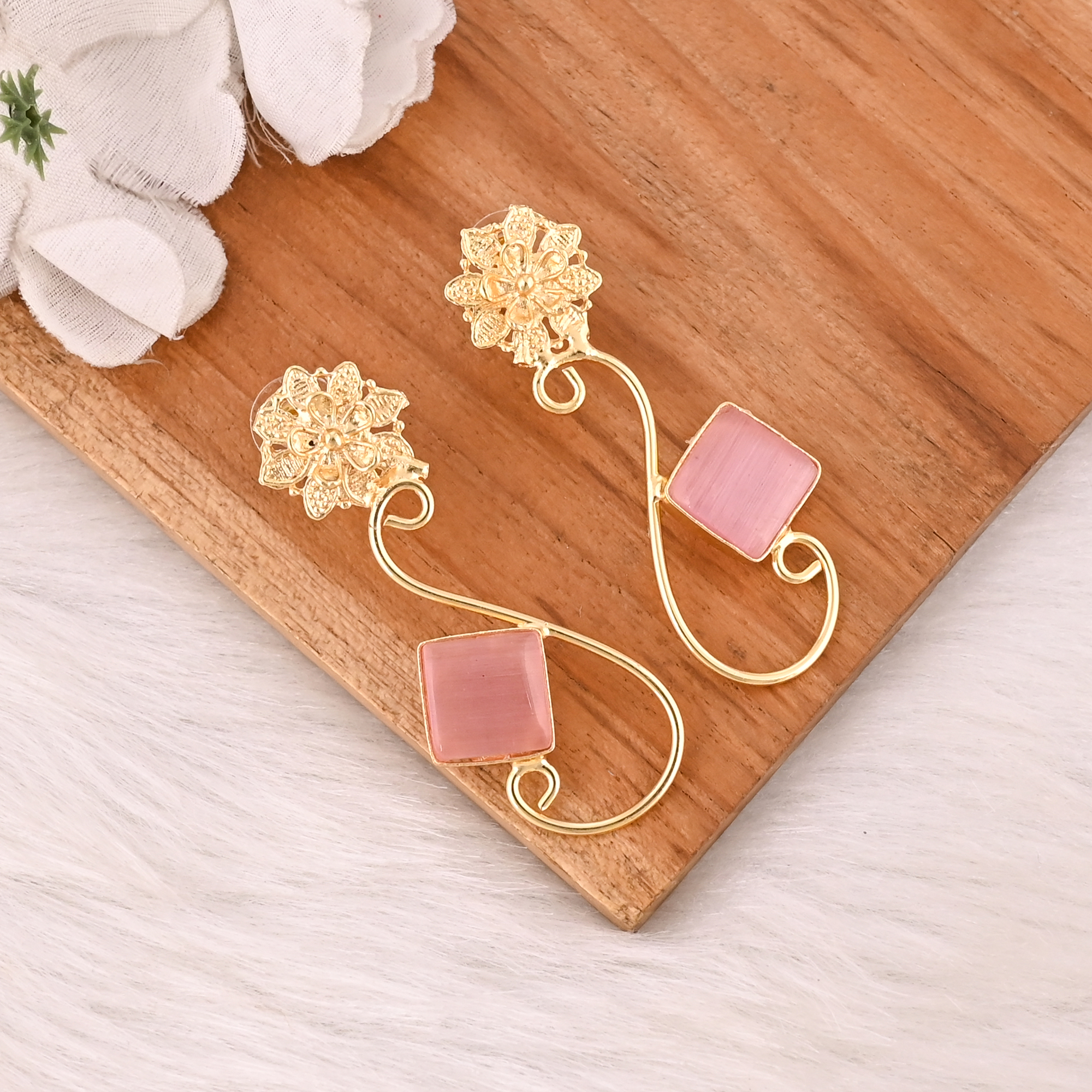 Elegant Pink Cats Eye Gemstone Earrings Designer Brass Fashion Jewelry for Women