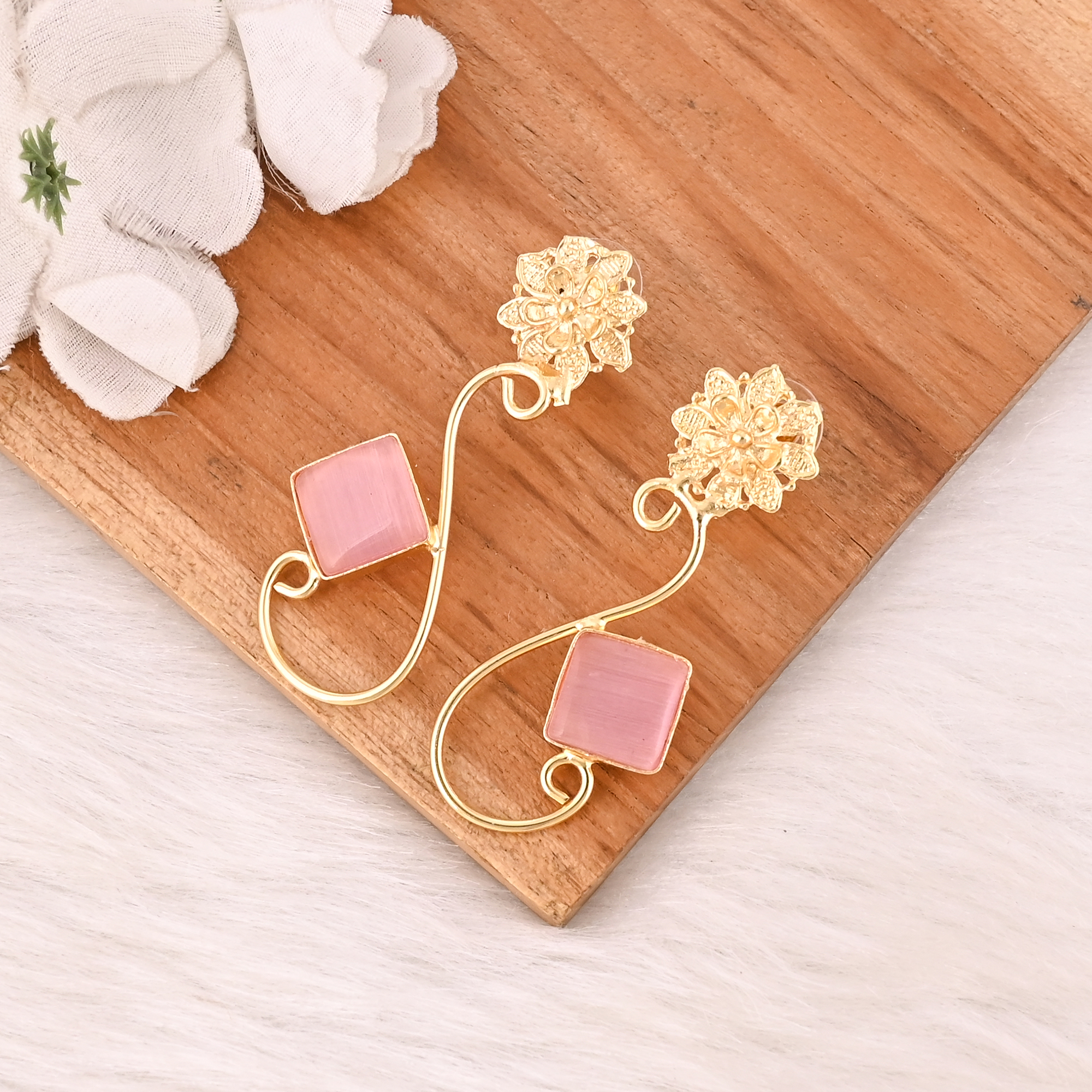 Elegant Pink Cats Eye Gemstone Earrings Designer Brass Fashion Jewelry for Women