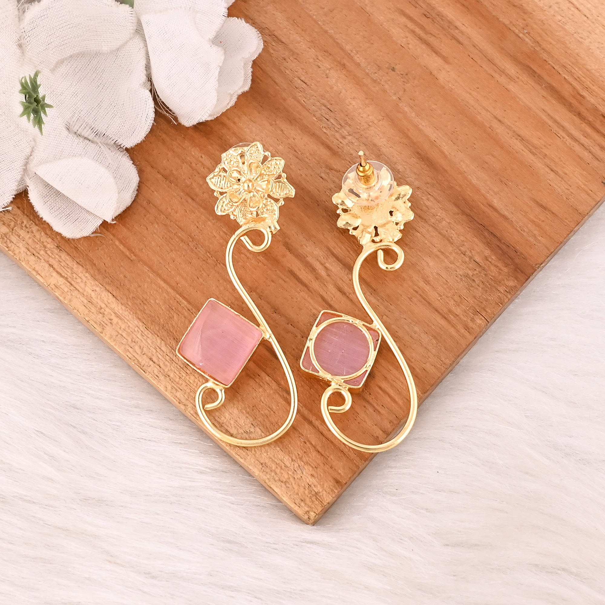 Elegant Pink Cats Eye Gemstone Earrings Designer Brass Fashion Jewelry for Women