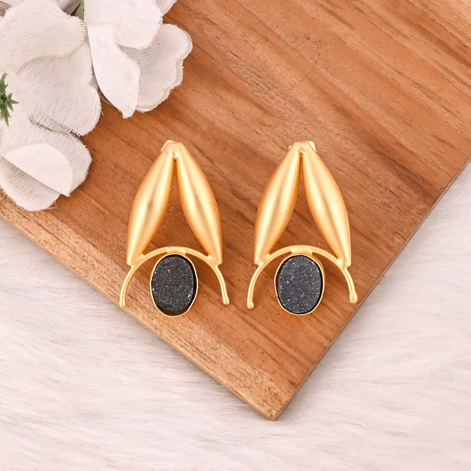 Natural Black Druzy Gemstone Dangle Earrings Designer Brass Jewelry for Women