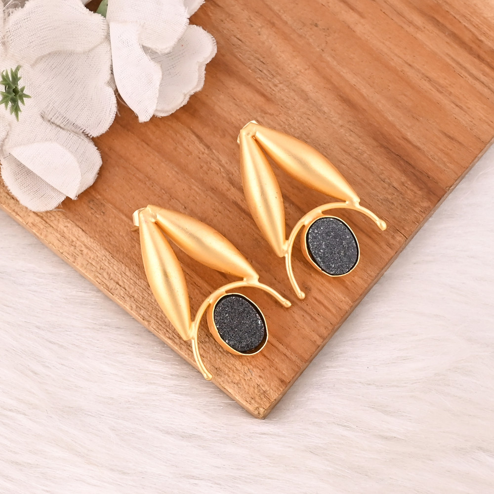 Image of Natural Black Druzy Gemstone Dangle Earrings Designer Brass Jewelry for Women