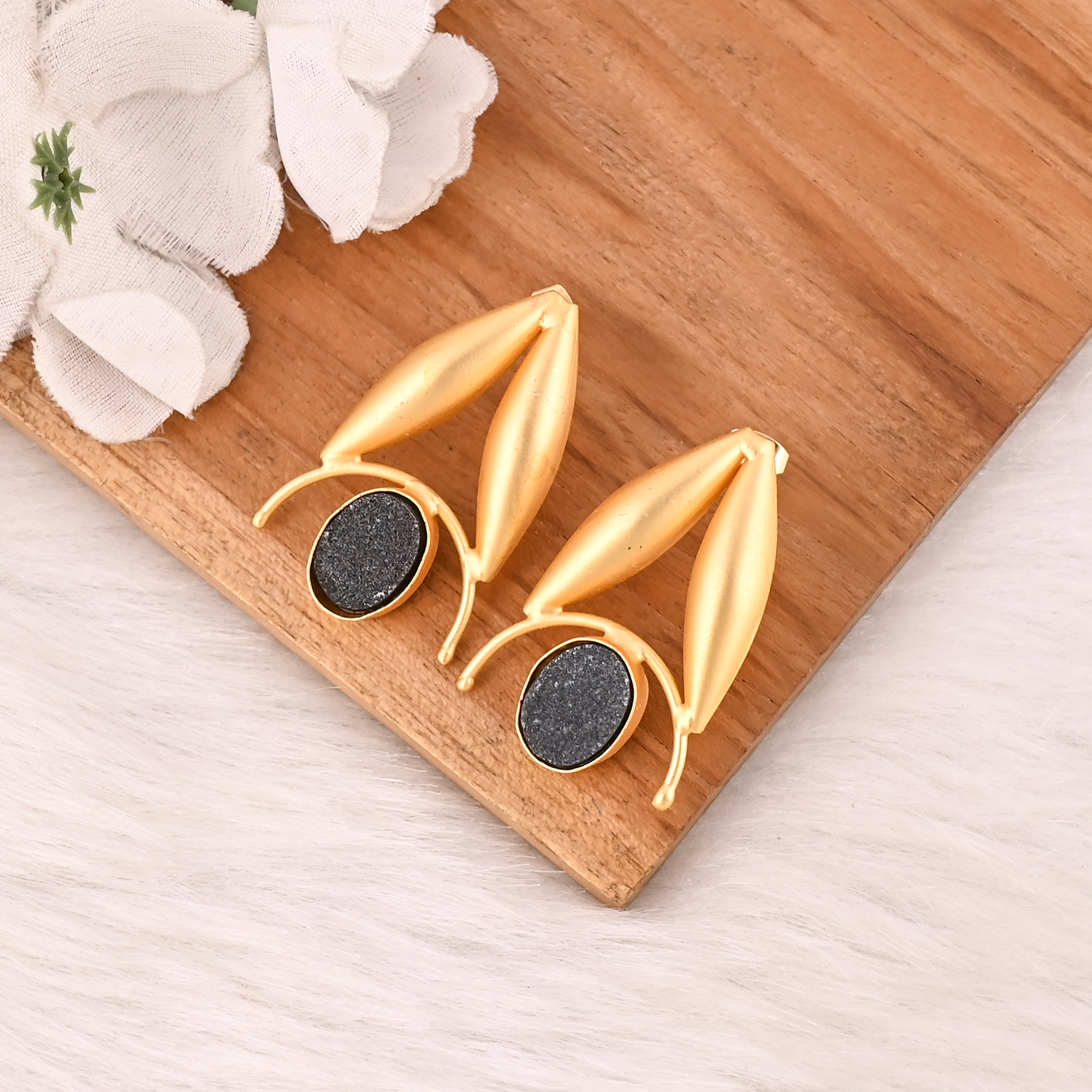 Natural Black Druzy Gemstone Dangle Earrings Designer Brass Jewelry for Women