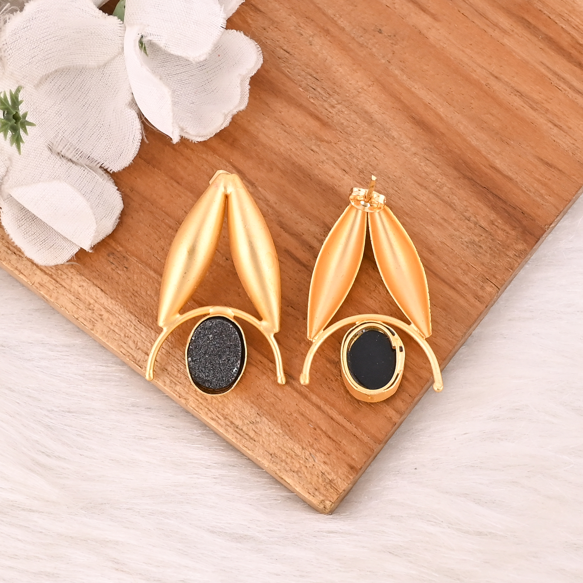 Natural Black Druzy Gemstone Dangle Earrings Designer Brass Jewelry for Women