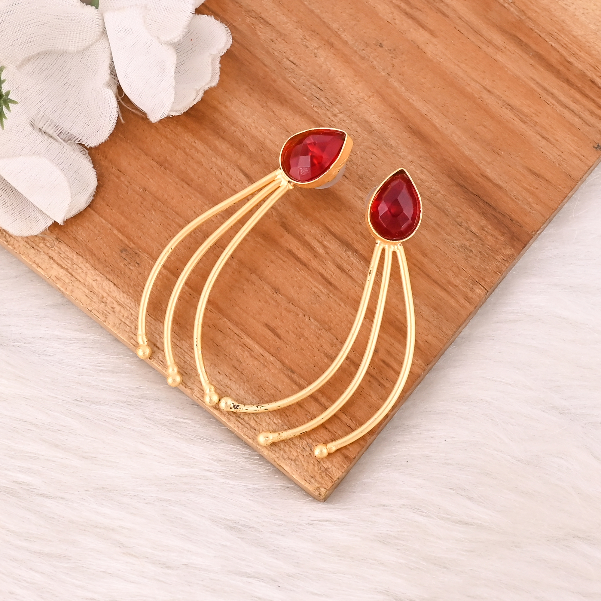 Stylish Garnet Hydro Stone Dangle Earrings Handmade Brass Jewelry for Women