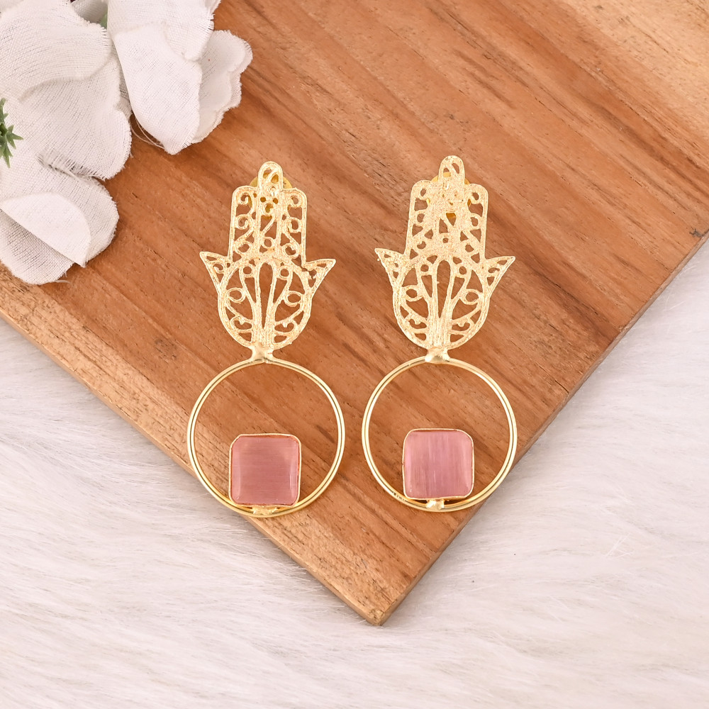 Image of Elegant Pink Cat's Eye Gemstone Earrings Designer Brass Fashion Jewelry for Women