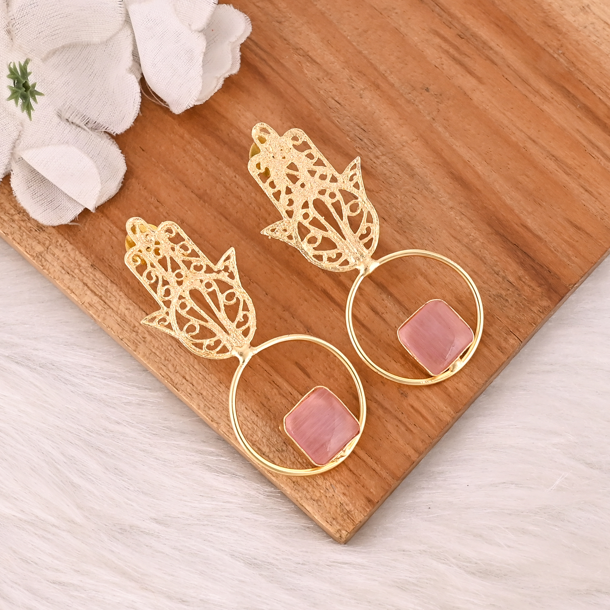 Elegant Pink Cats Eye Gemstone Earrings Designer Brass Fashion Jewelry for Women