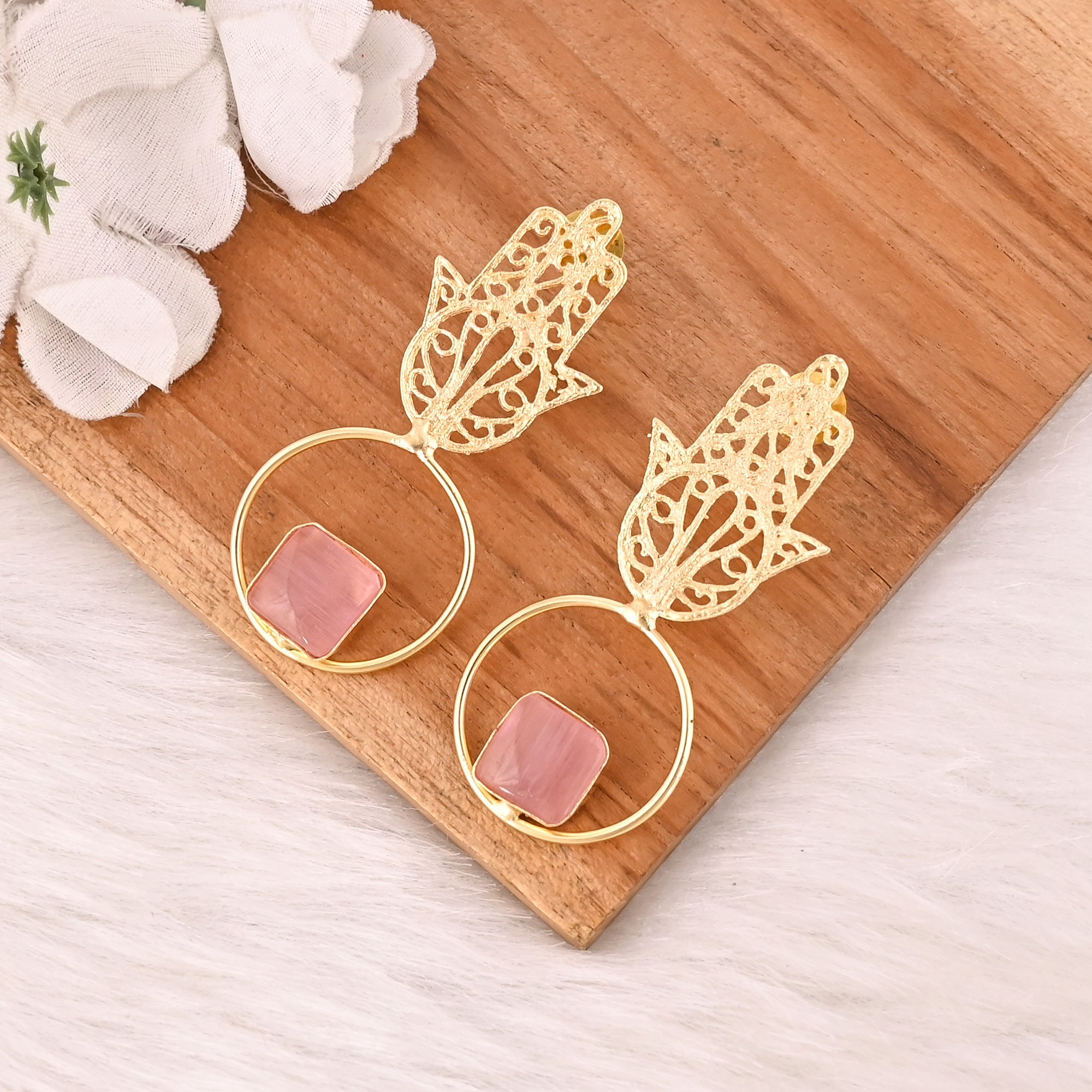 Elegant Pink Cats Eye Gemstone Earrings Designer Brass Fashion Jewelry for Women