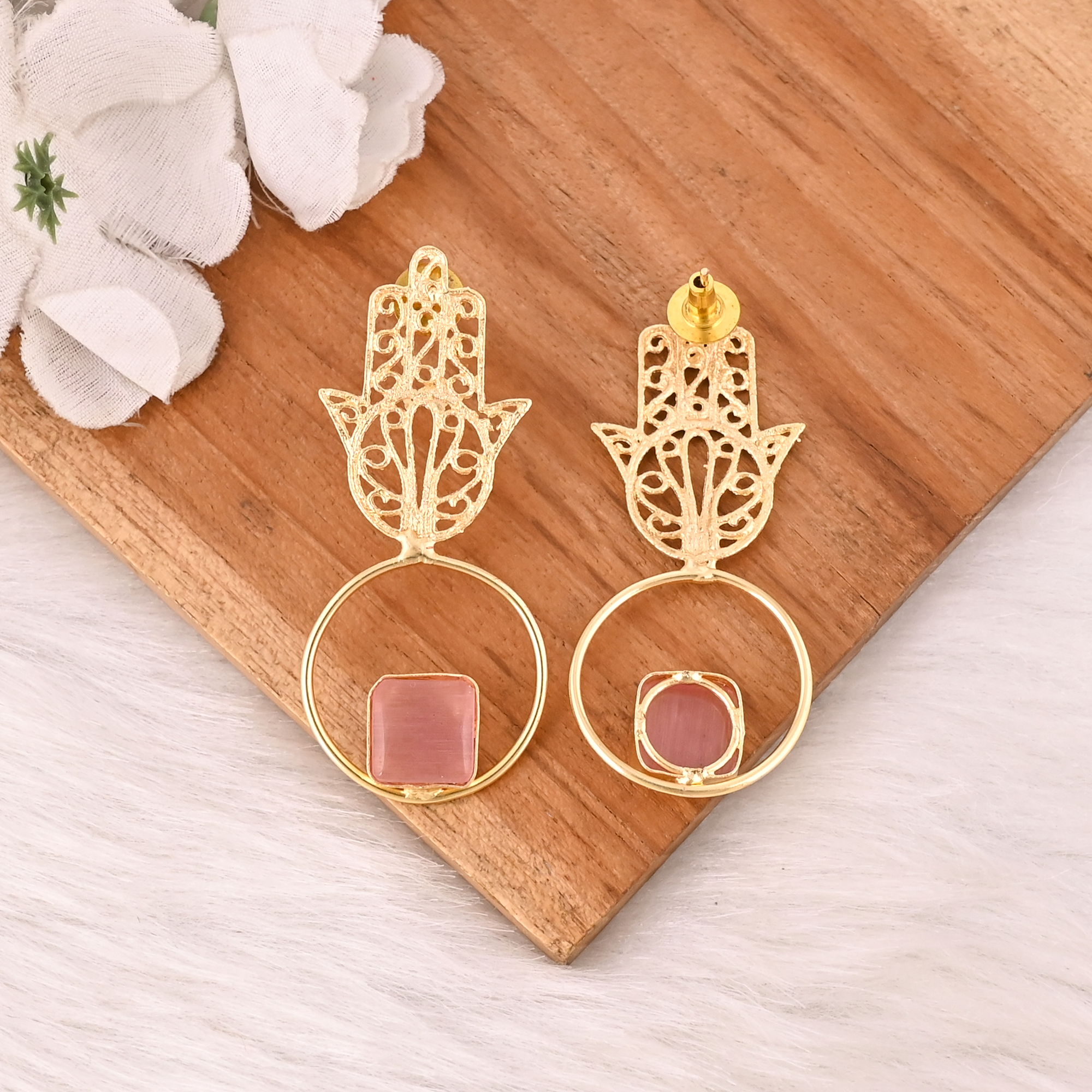 Elegant Pink Cats Eye Gemstone Earrings Designer Brass Fashion Jewelry for Women