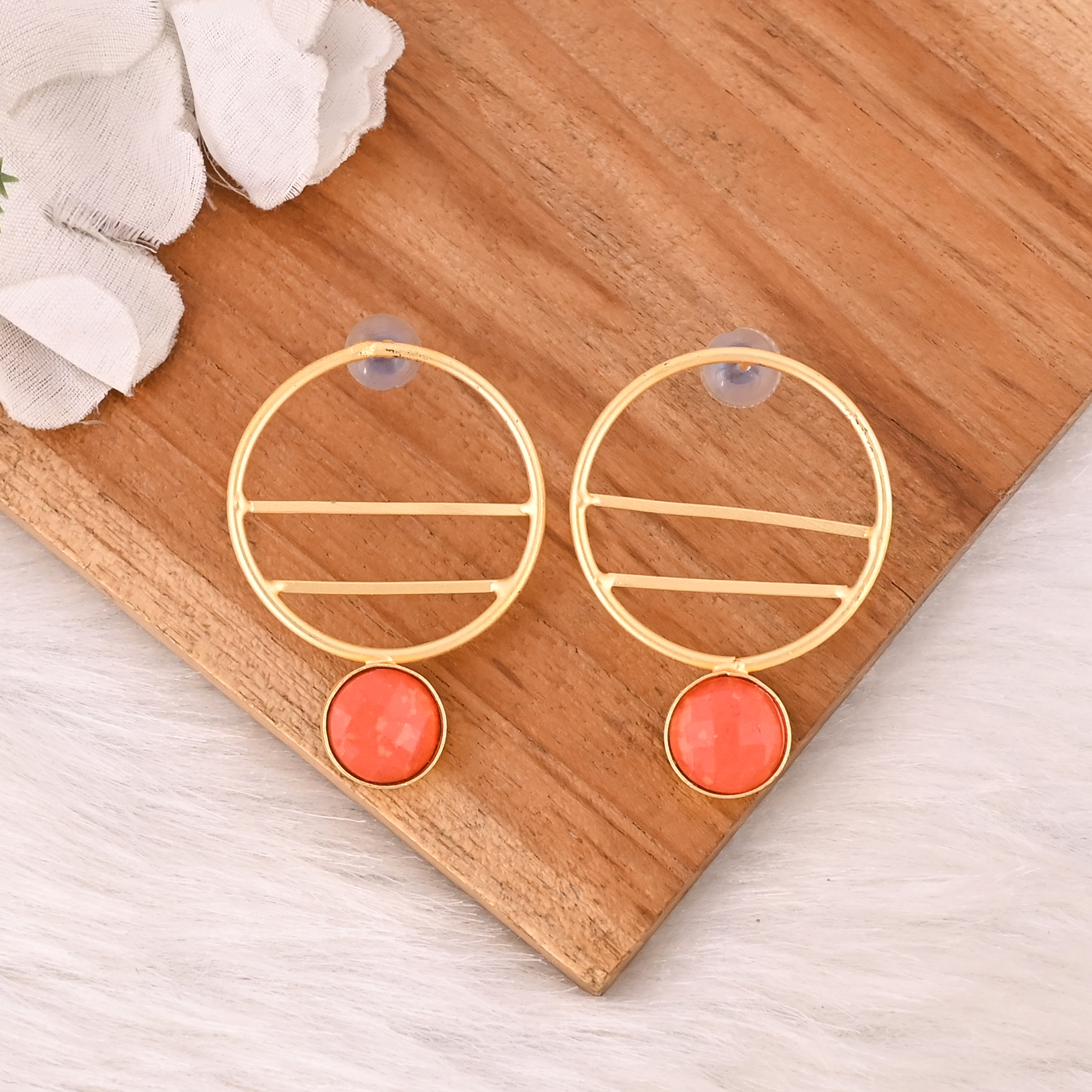Natural Orange Coral Brass Earrings Trendy Handmade Jewelry for Women