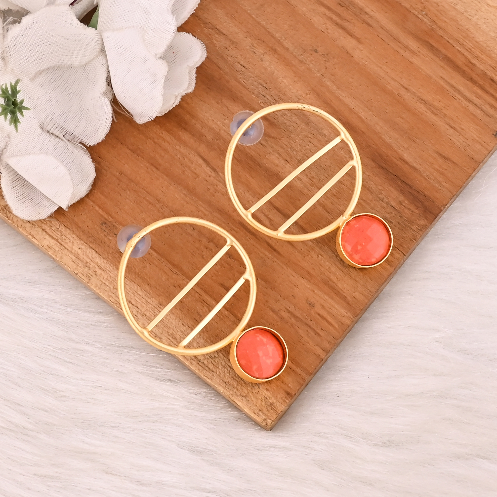 Natural Orange Coral Brass Earrings Trendy Handmade Jewelry for Women