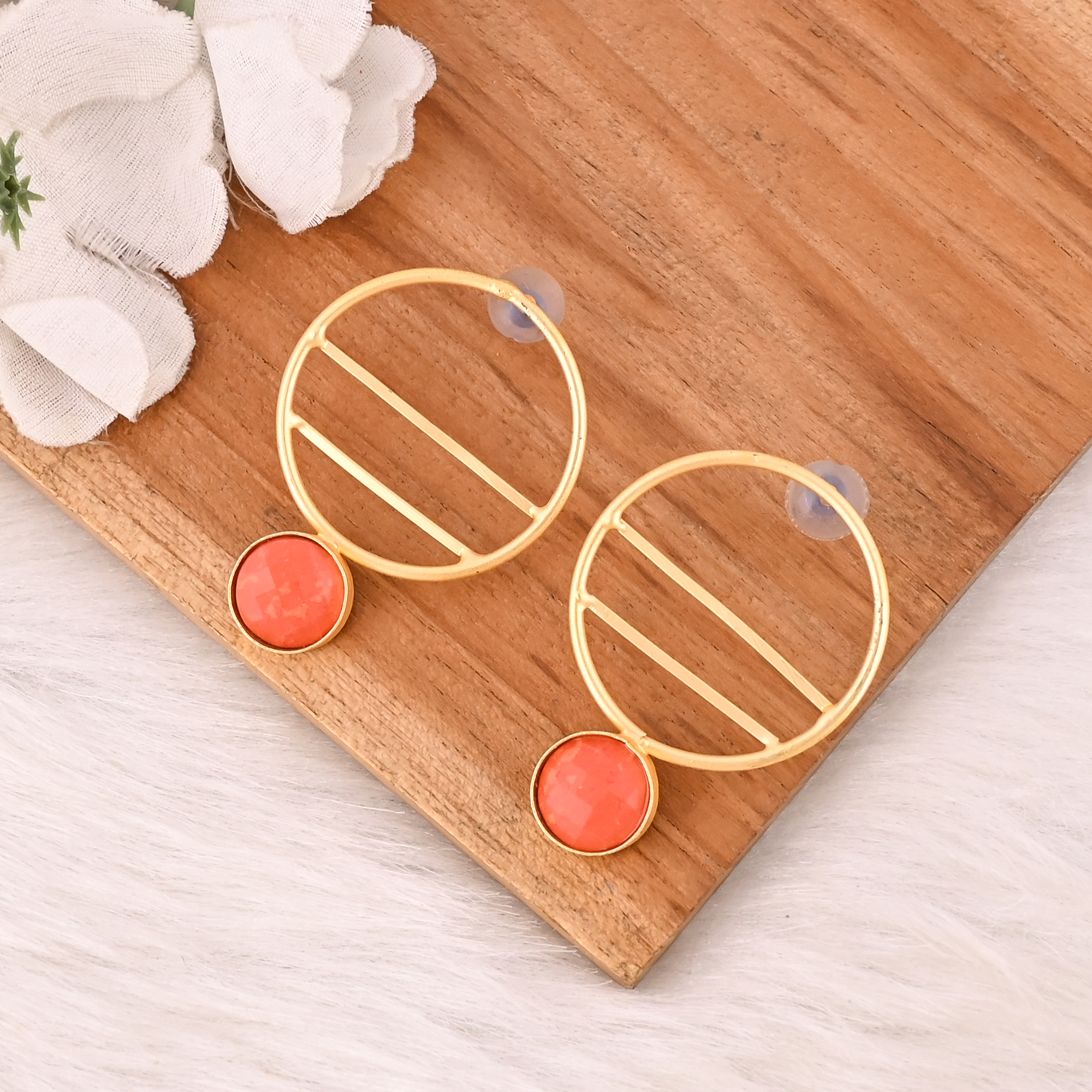 Natural Orange Coral Brass Earrings Trendy Handmade Jewelry for Women