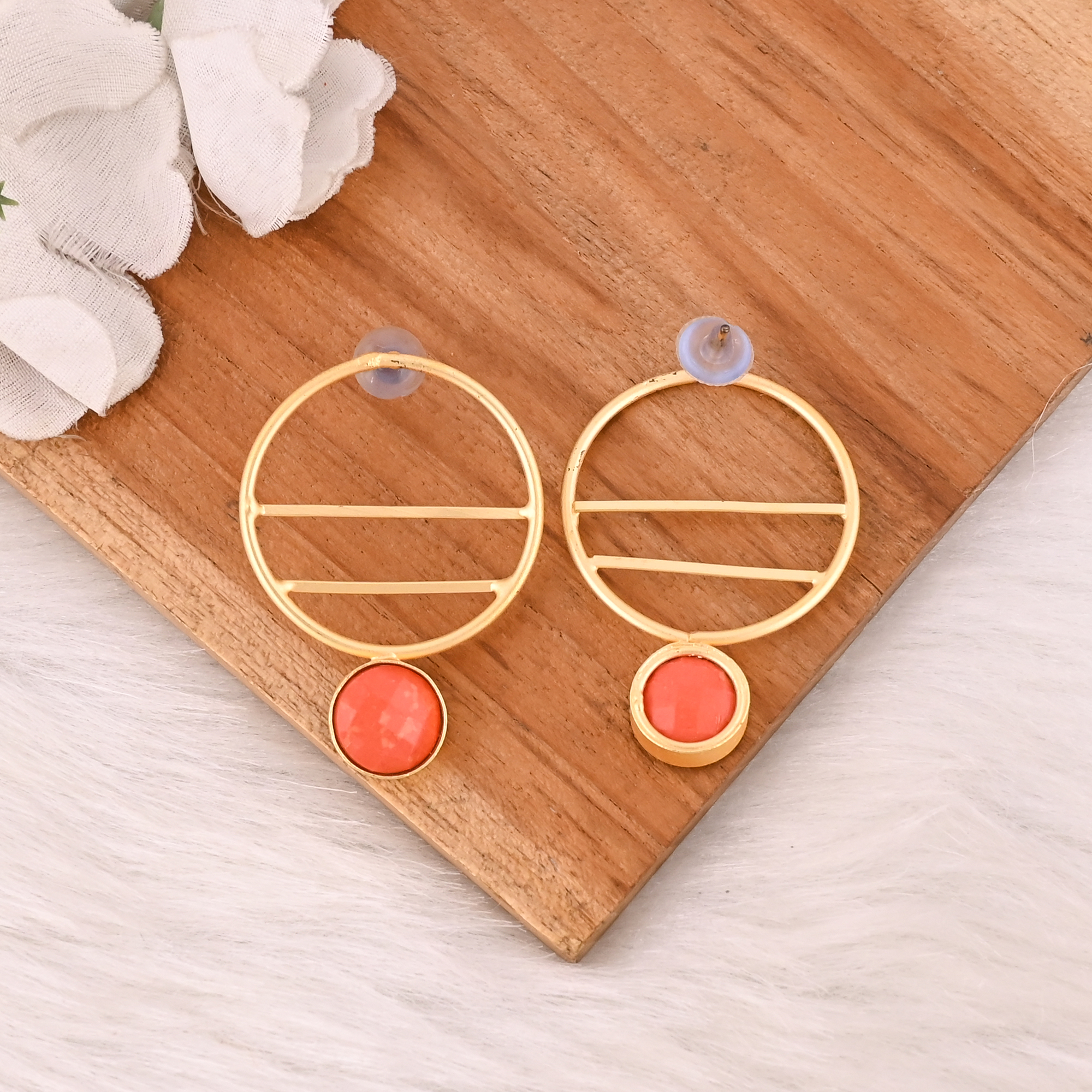 Natural Orange Coral Brass Earrings Trendy Handmade Jewelry for Women