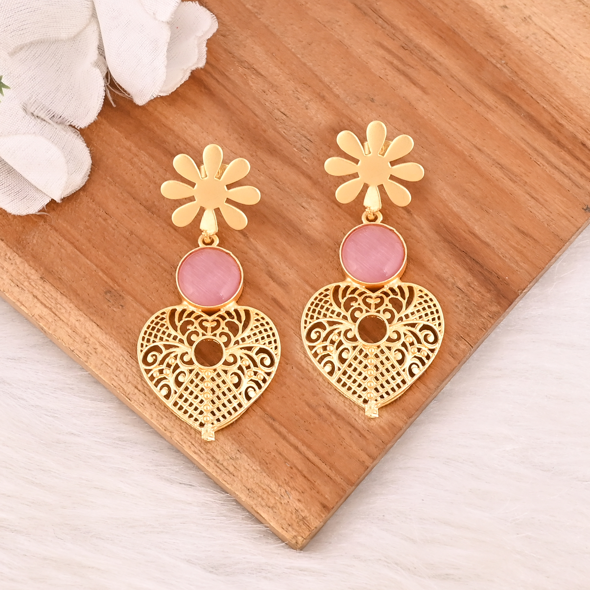 Elegant Pink Cats Eye Gemstone Earrings Designer Brass Fashion Jewelry for Women