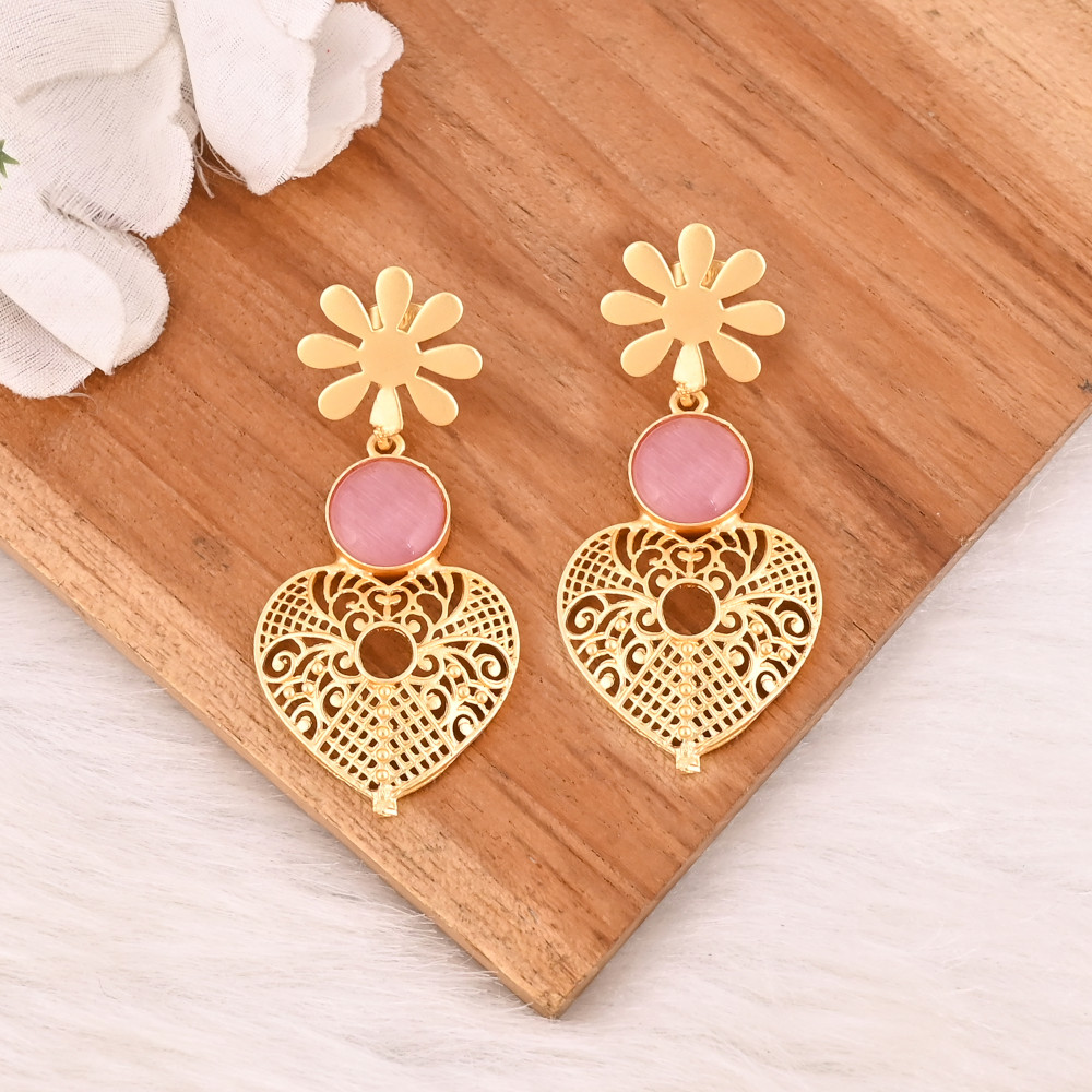 Image of Elegant Pink Cat's Eye Gemstone Earrings Designer Brass Fashion Jewelry for Women