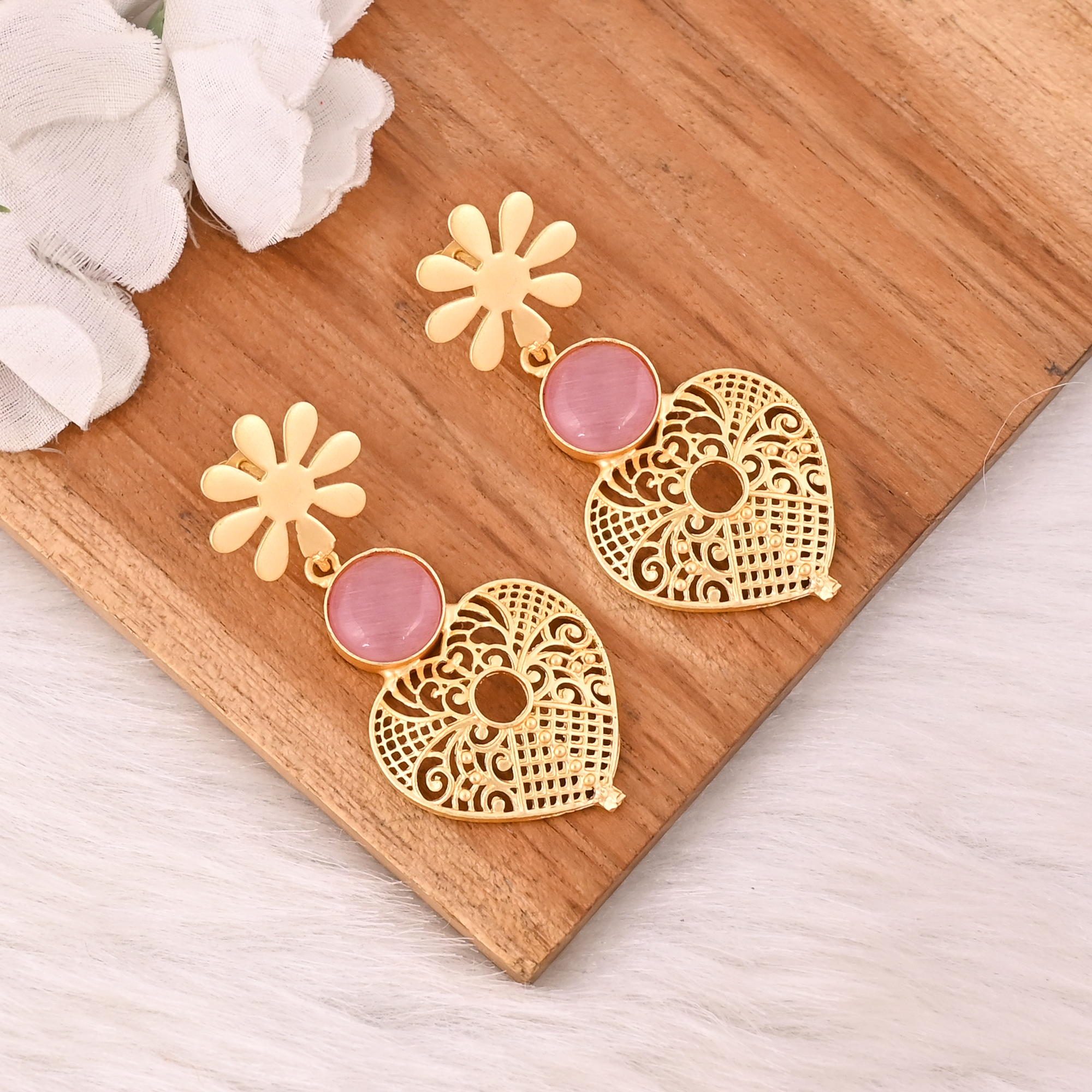 Elegant Pink Cats Eye Gemstone Earrings Designer Brass Fashion Jewelry for Women