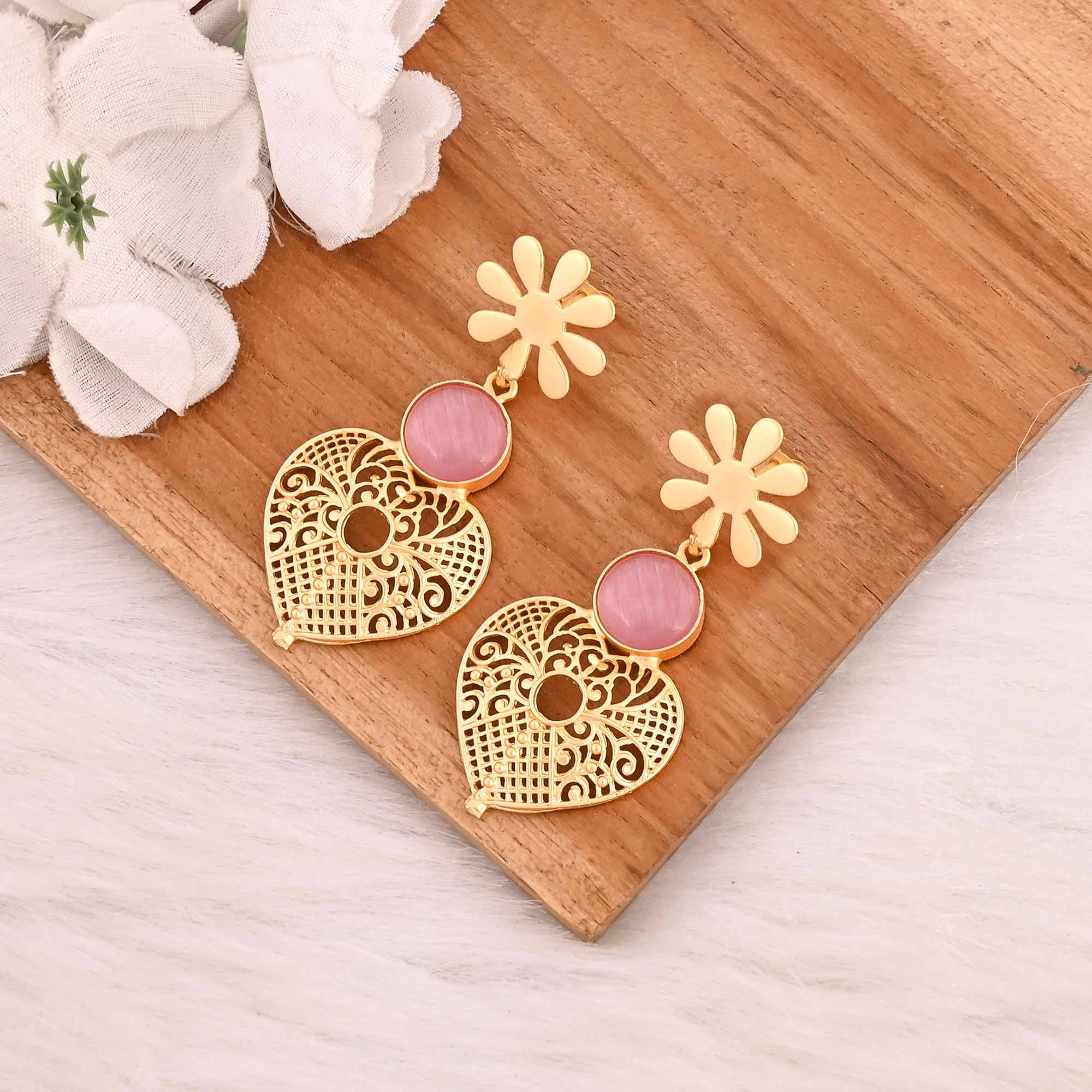 Elegant Pink Cats Eye Gemstone Earrings Designer Brass Fashion Jewelry for Women