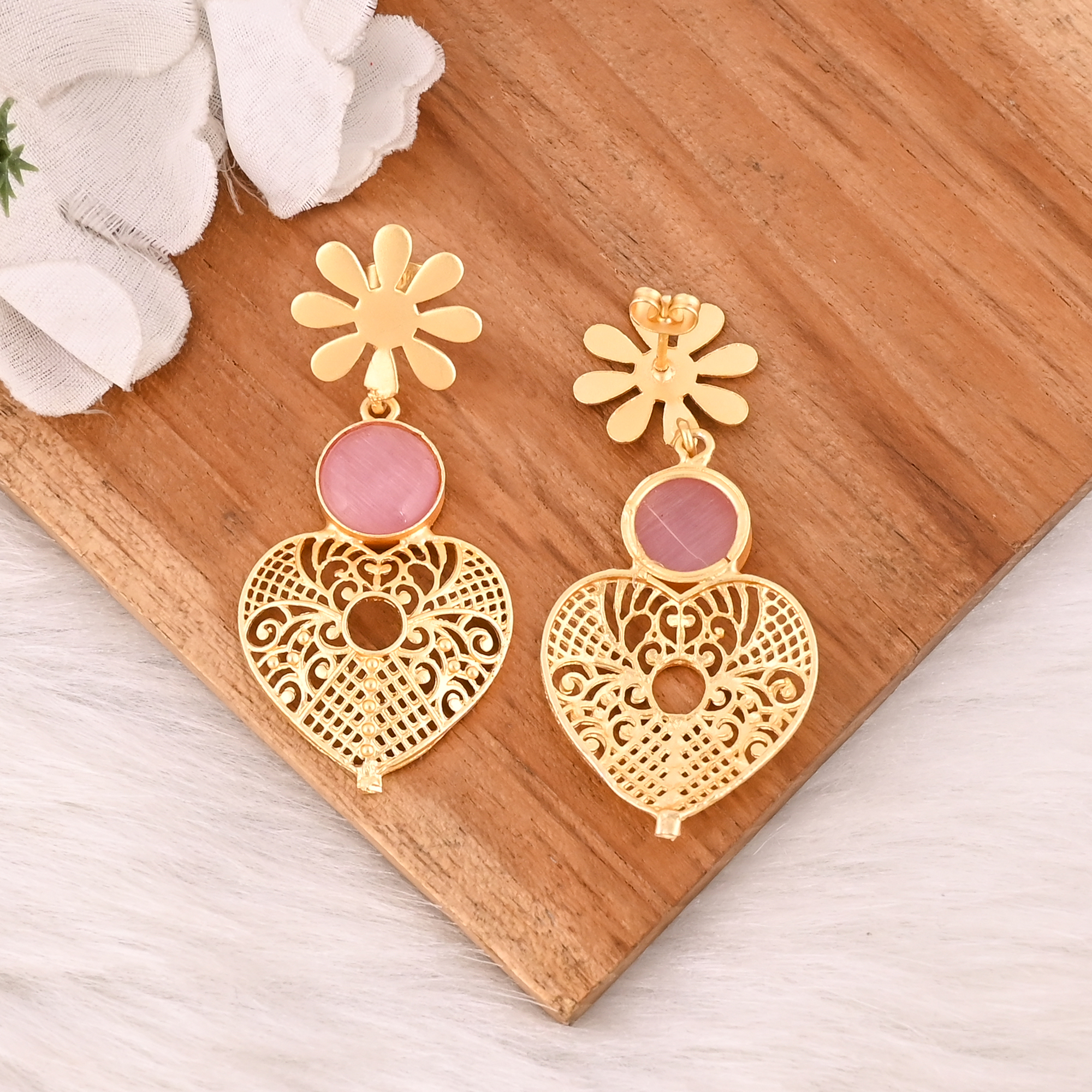 Elegant Pink Cats Eye Gemstone Earrings Designer Brass Fashion Jewelry for Women