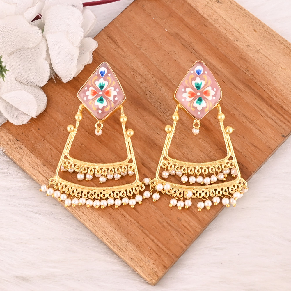 Image of Natural Pink Chalcedony Floral Meenakari Pattern Brass Earrings with Pearl Designer Ethnic Statement Jewelry for Women