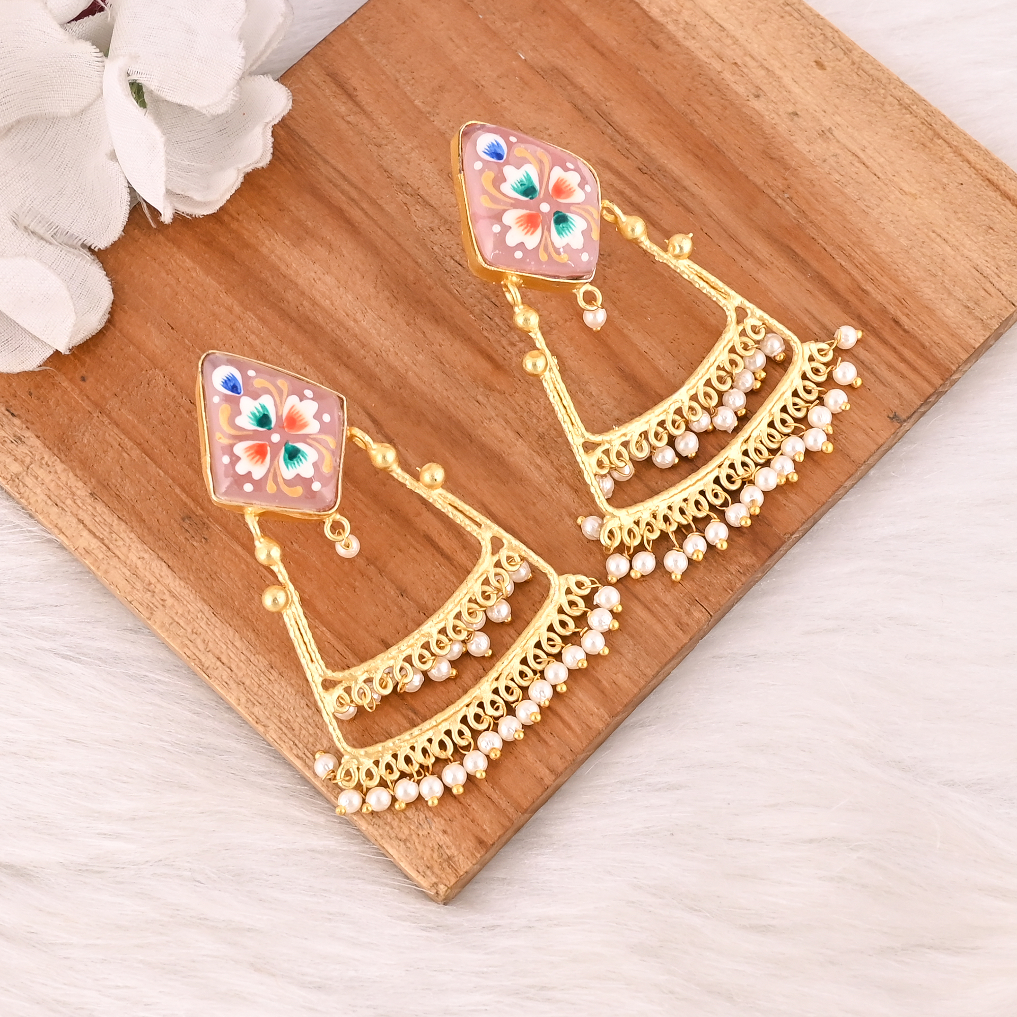 Natural Pink Chalcedony Floral Meenakari Pattern Brass Earrings with Pearl Designer Ethnic Statement Jewelry for Women