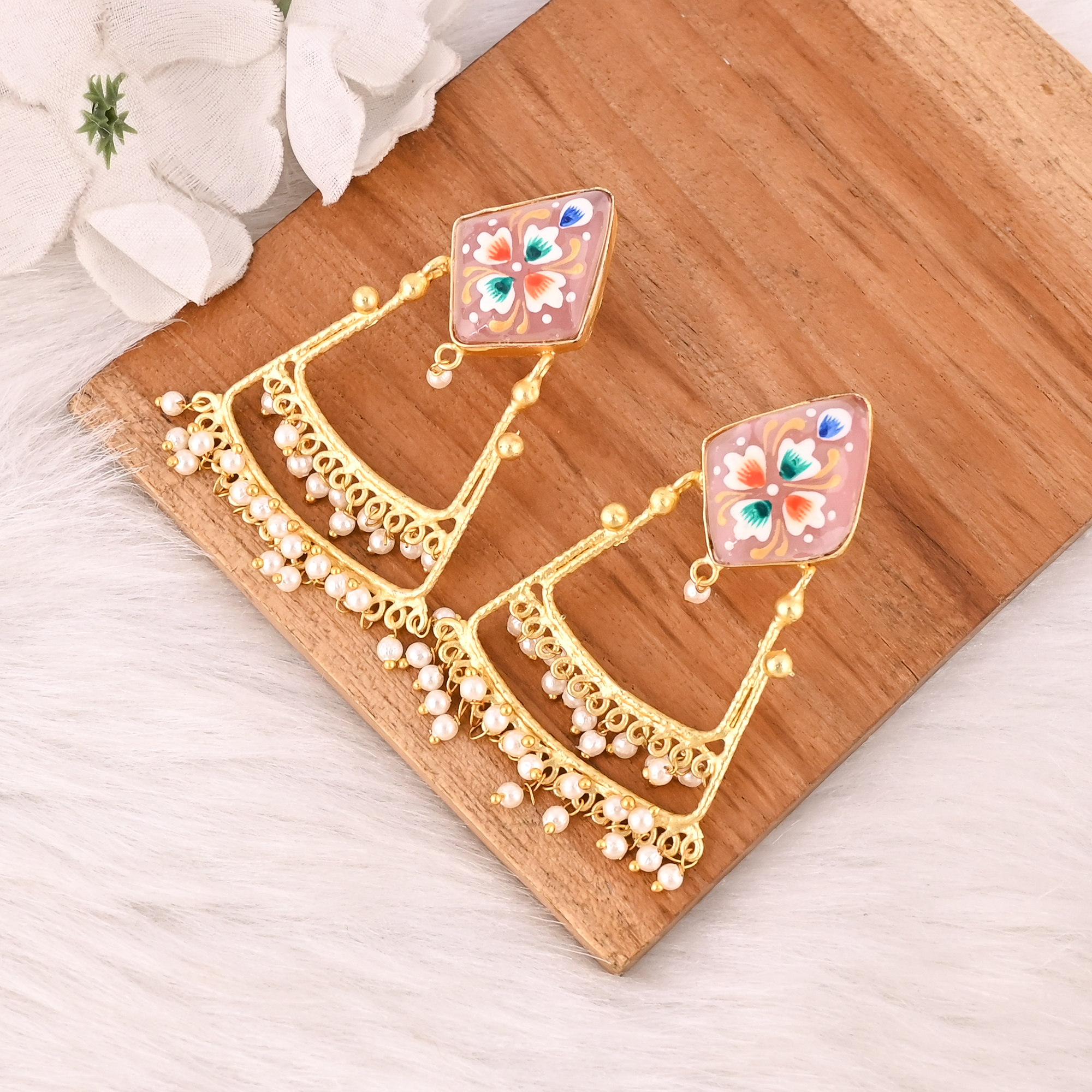 Natural Pink Chalcedony Floral Meenakari Pattern Brass Earrings with Pearl Designer Ethnic Statement Jewelry for Women
