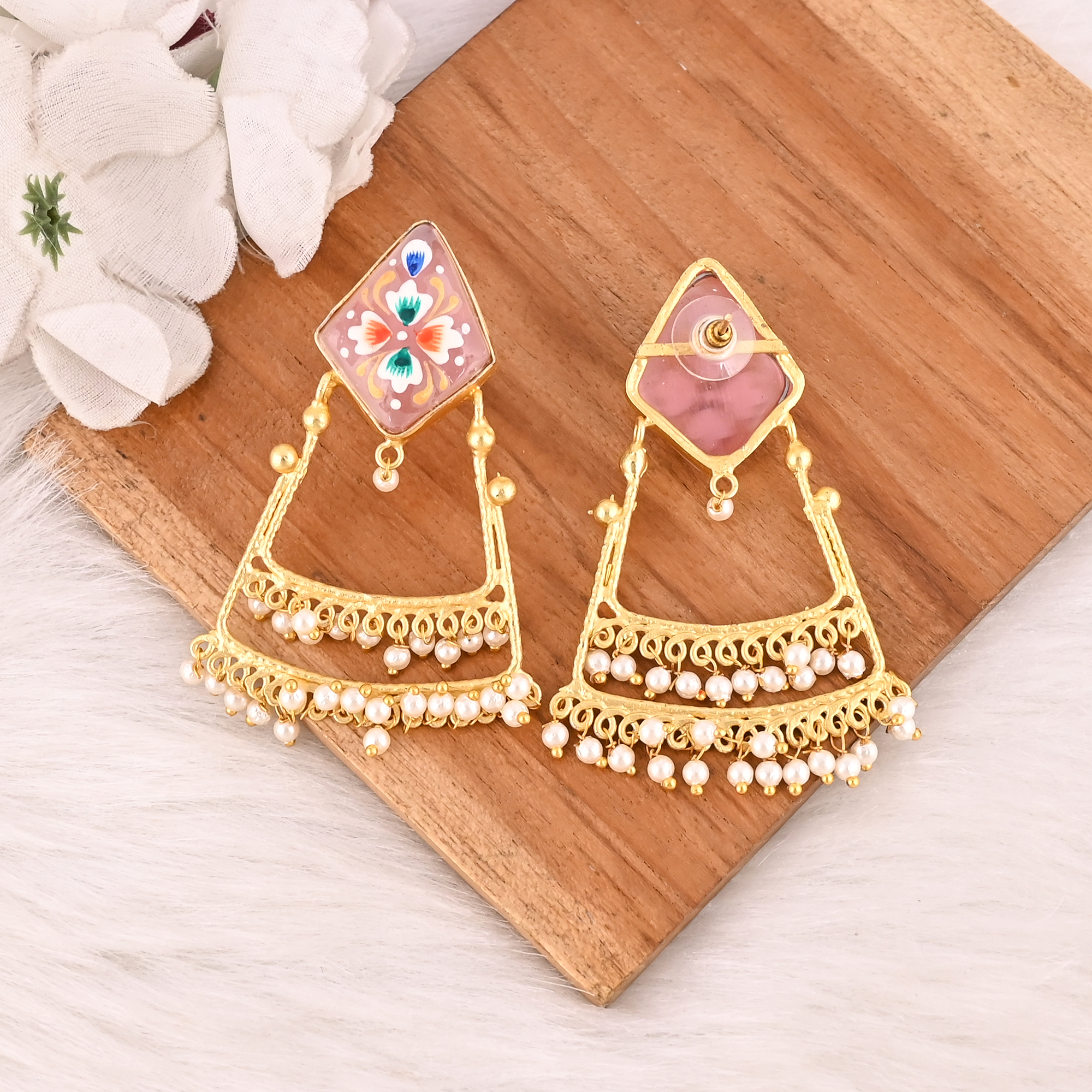 Natural Pink Chalcedony Floral Meenakari Pattern Brass Earrings with Pearl Designer Ethnic Statement Jewelry for Women