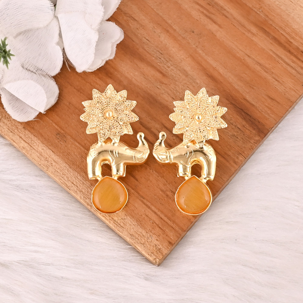 Image of Elegant Yellow Cat's Eye Gemstone Earrings Designer Brass Fashion Jewelry for Women
