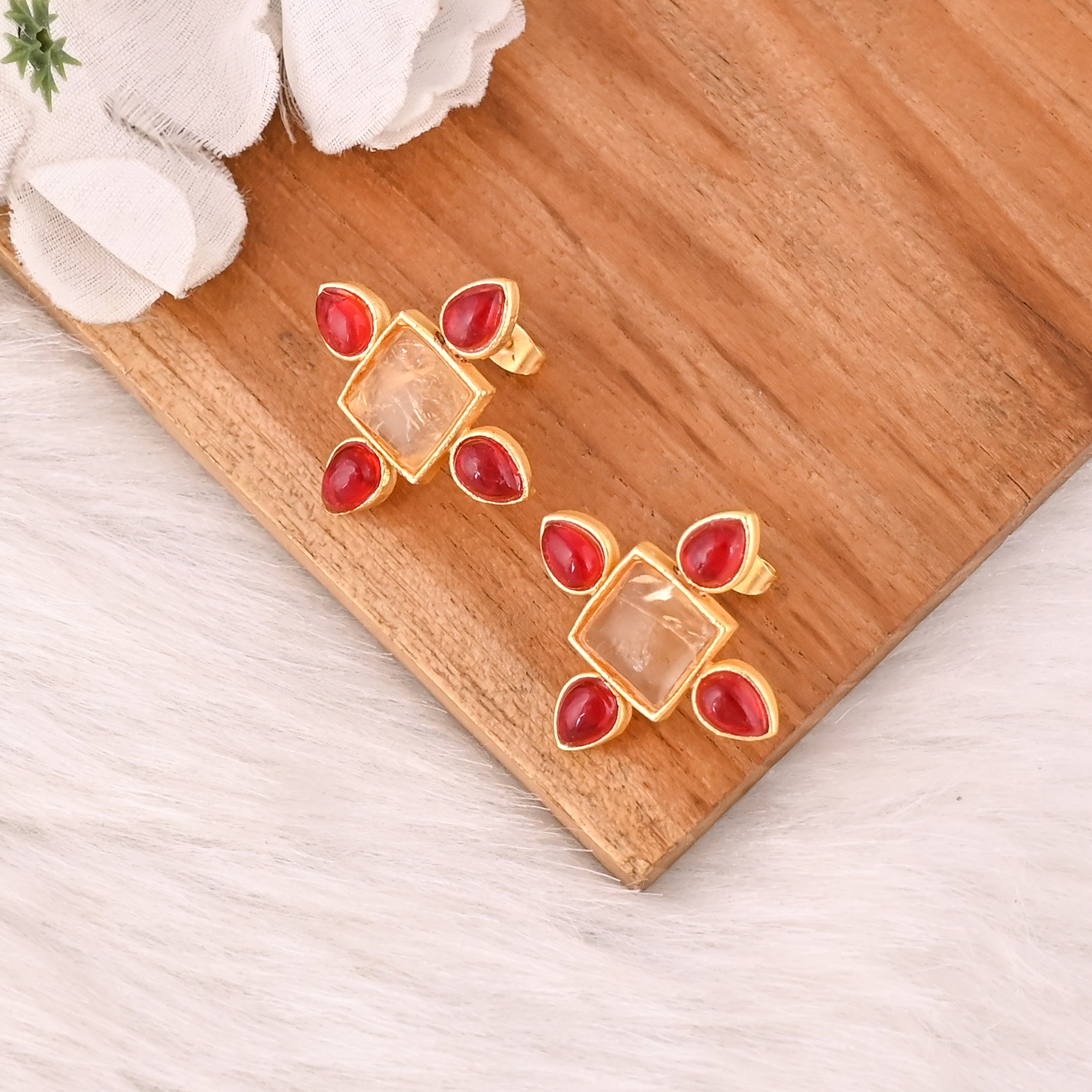 Handmade Citrine  Garnet Hydro Gemstone Brass Earrings Fashion Statement Jewelry for Women