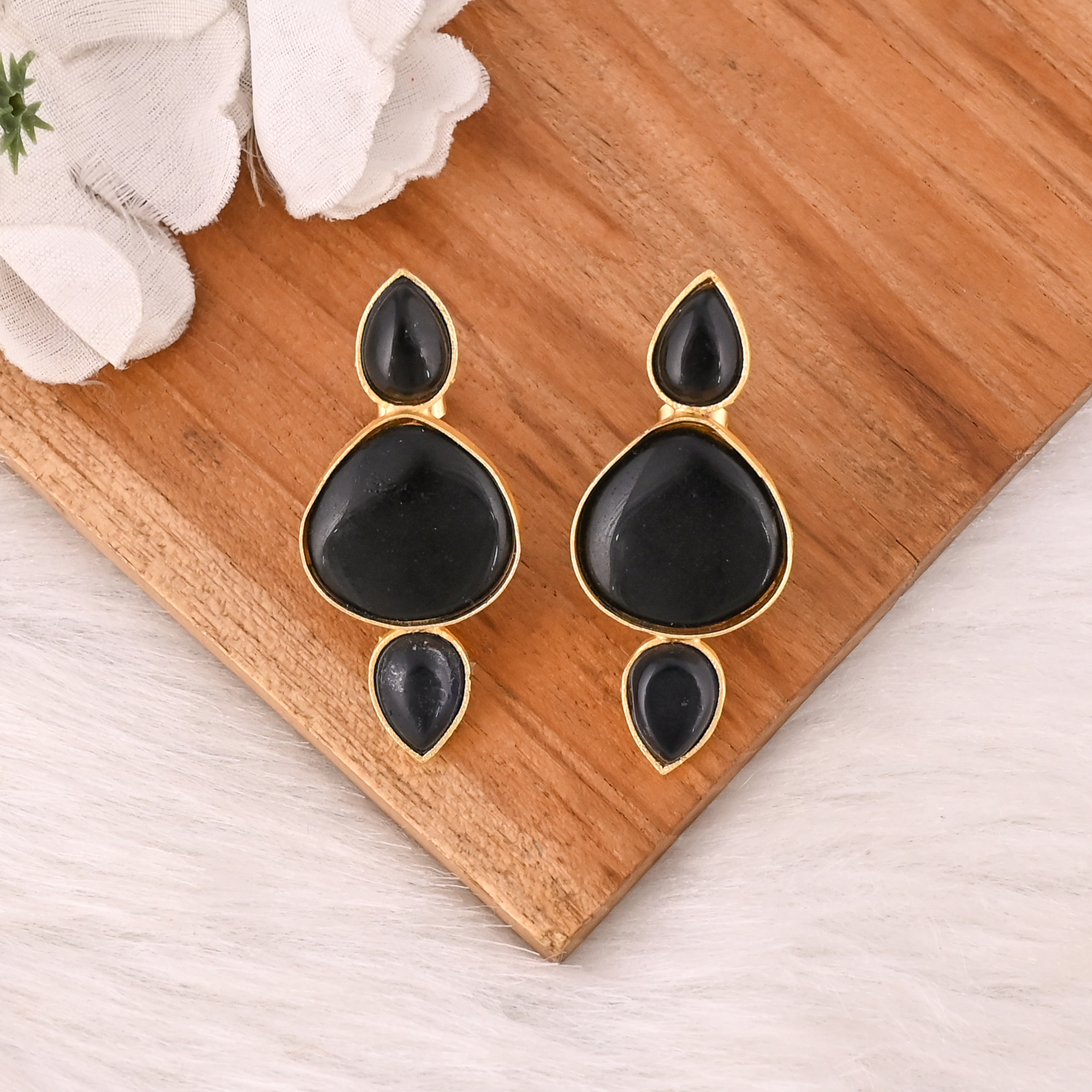 Handmade Black Onyx  Blue Hydro Gemstone Brass Earrings Elegant Womens Fashion Jewelry