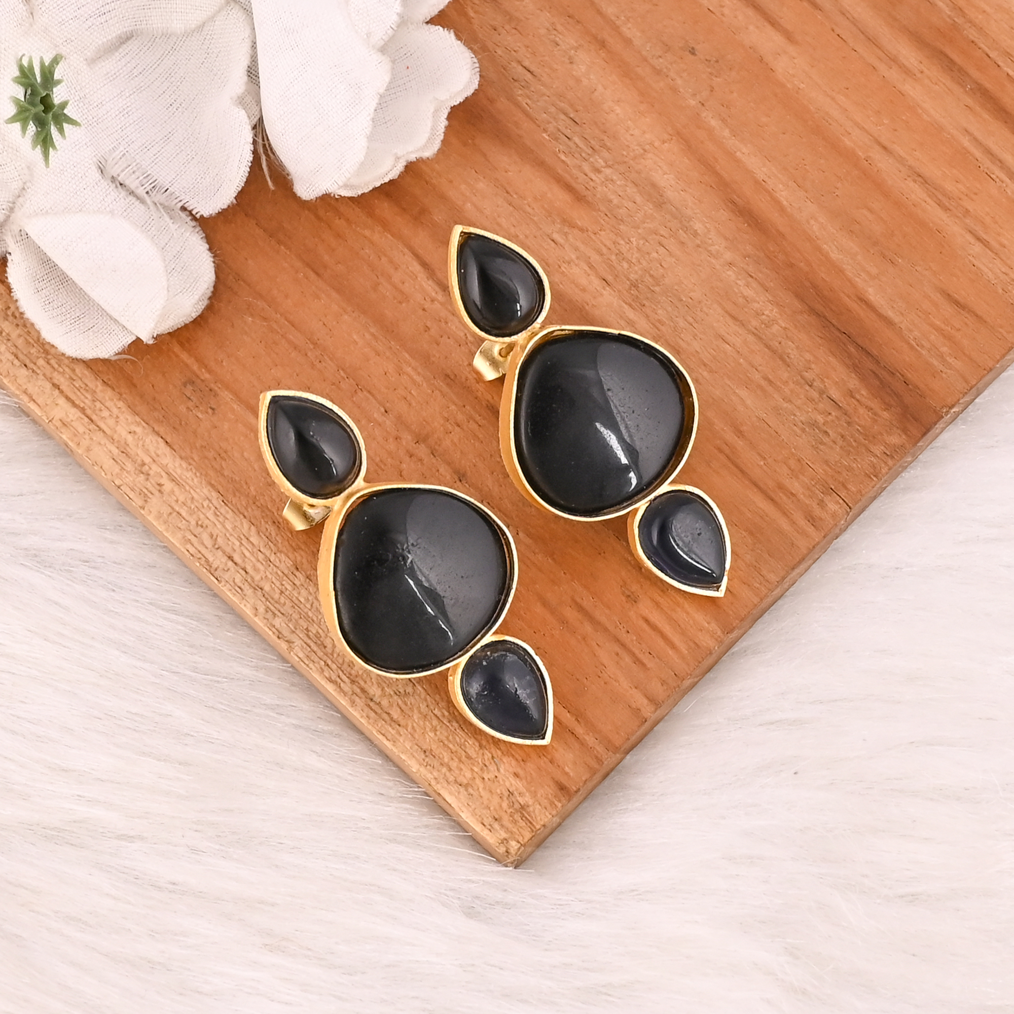 Handmade Black Onyx  Blue Hydro Gemstone Brass Earrings Elegant Womens Fashion Jewelry