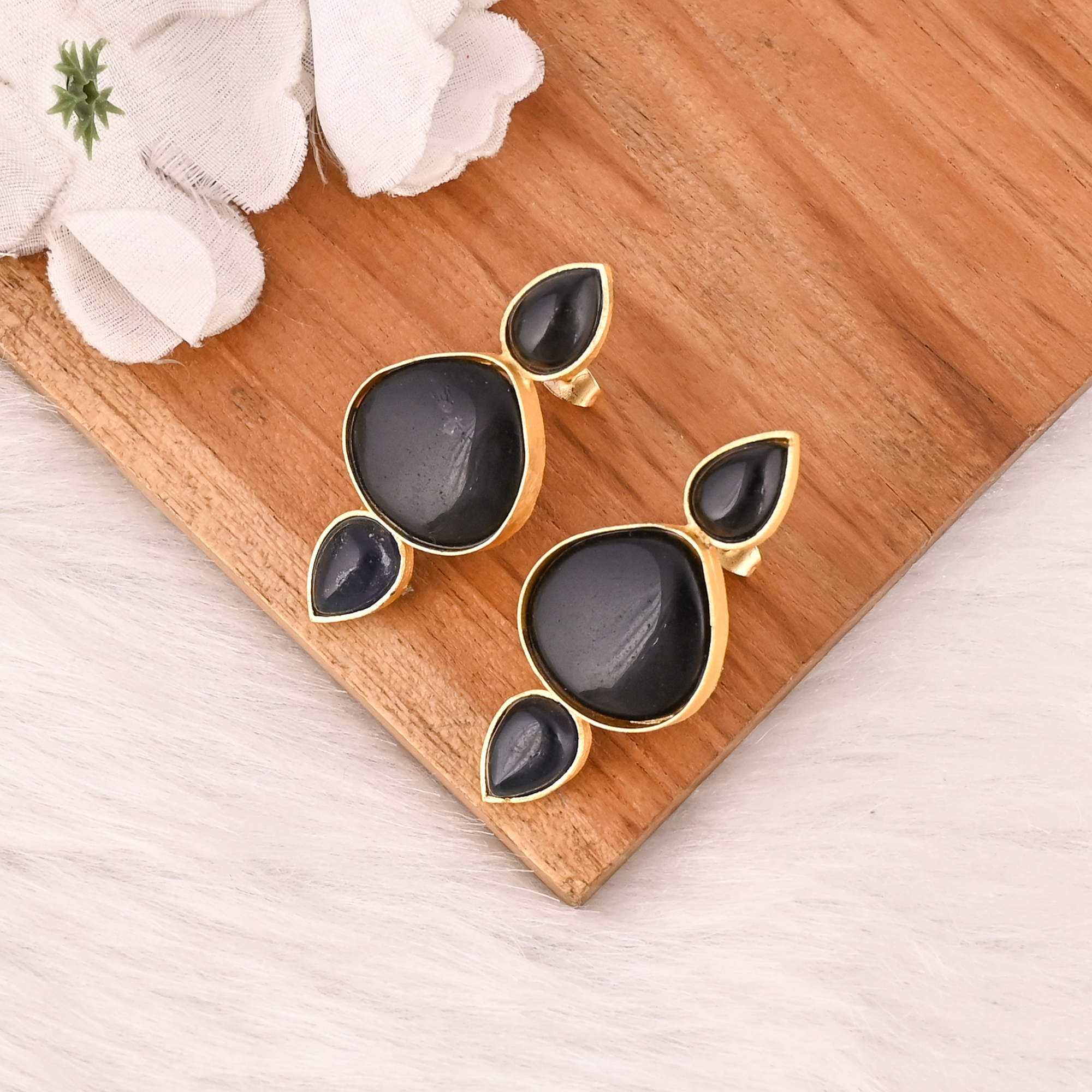 Handmade Black Onyx  Blue Hydro Gemstone Brass Earrings Elegant Womens Fashion Jewelry