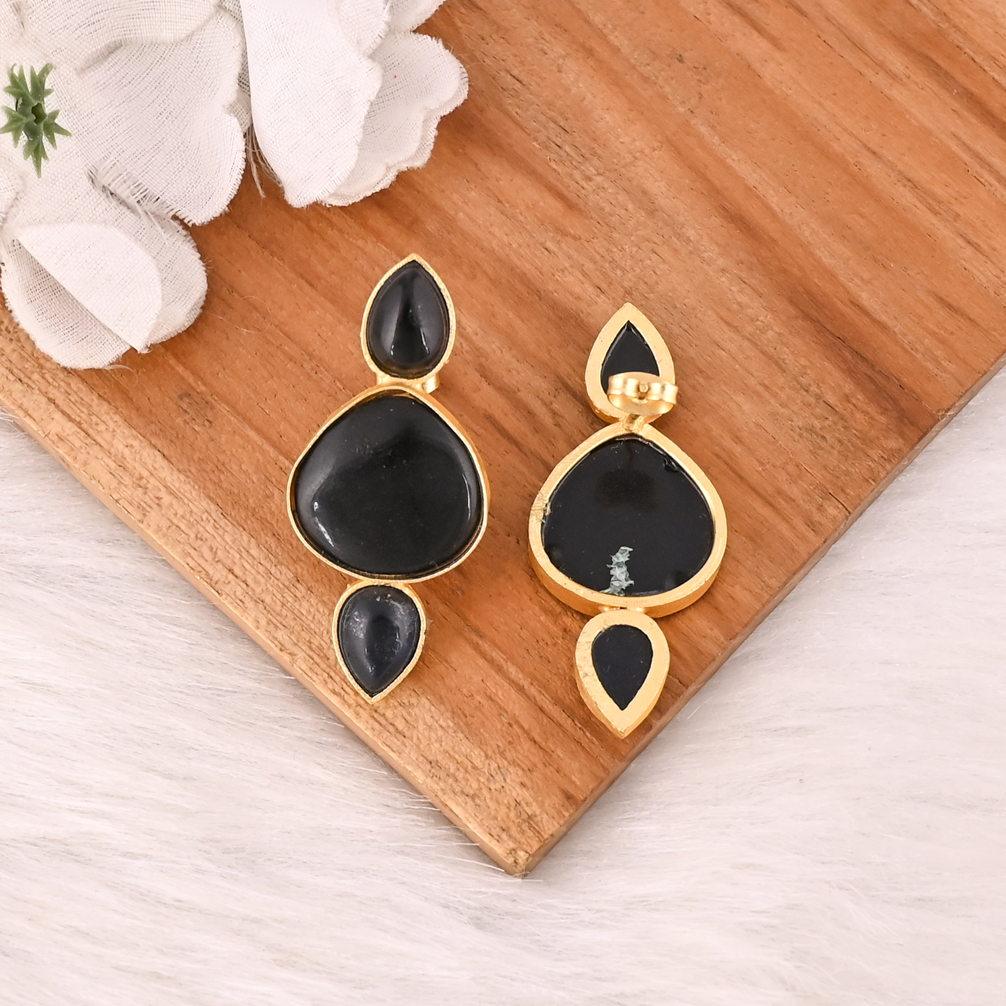 Handmade Black Onyx  Blue Hydro Gemstone Brass Earrings Elegant Womens Fashion Jewelry