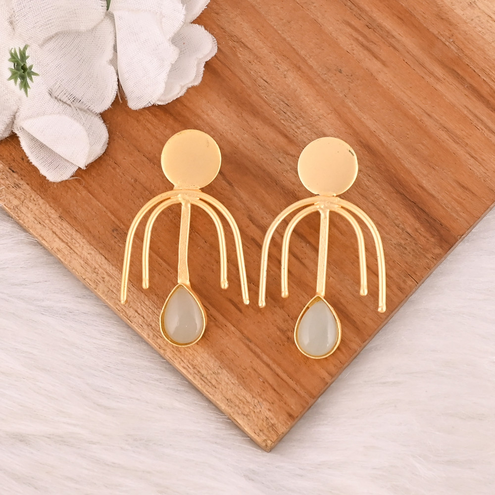 Image of Handmade White Cat's Eye Gemstone Brass Earrings Fashion Jewelry for Women