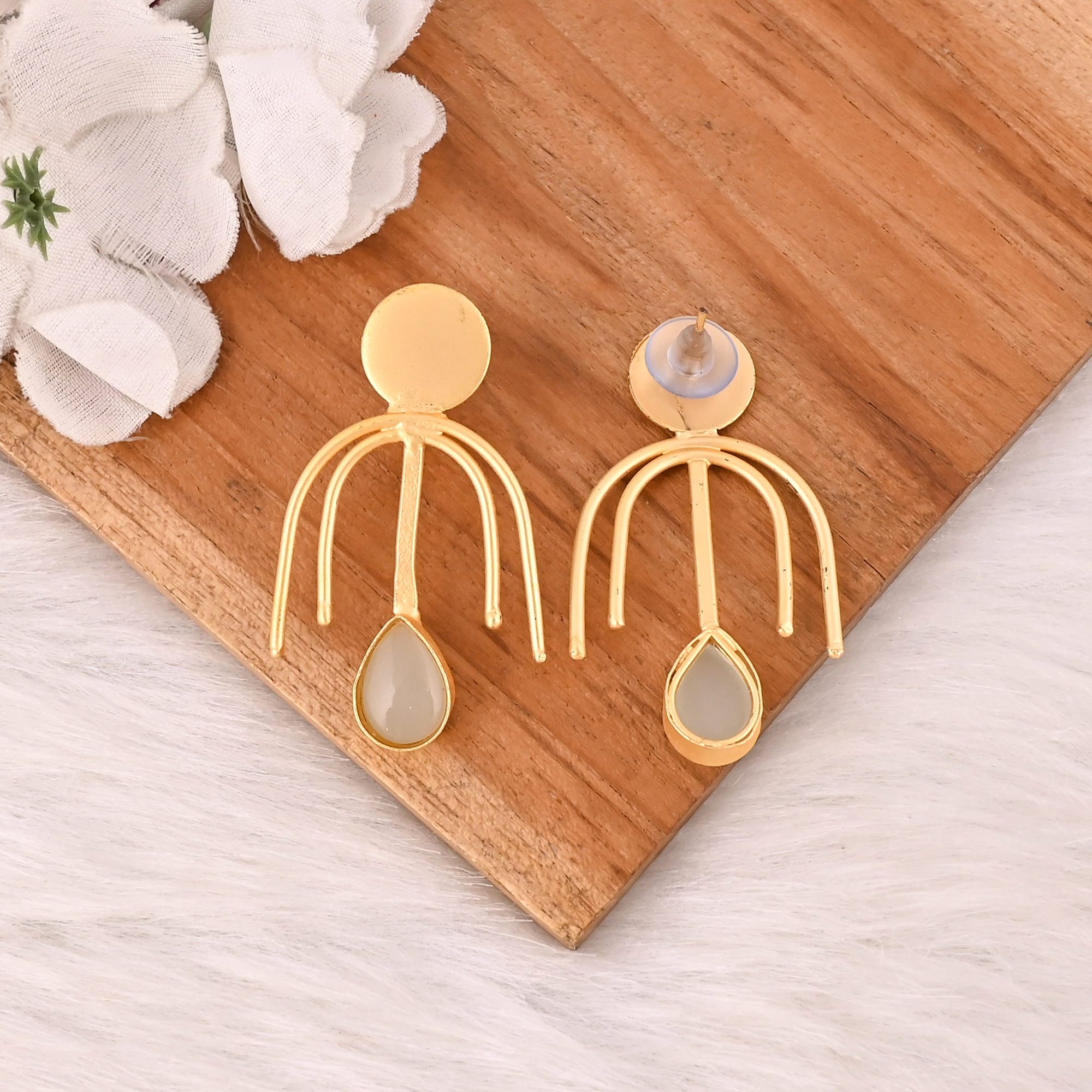 Handmade White Cats Eye Gemstone Brass Earrings Fashion Jewelry for Women