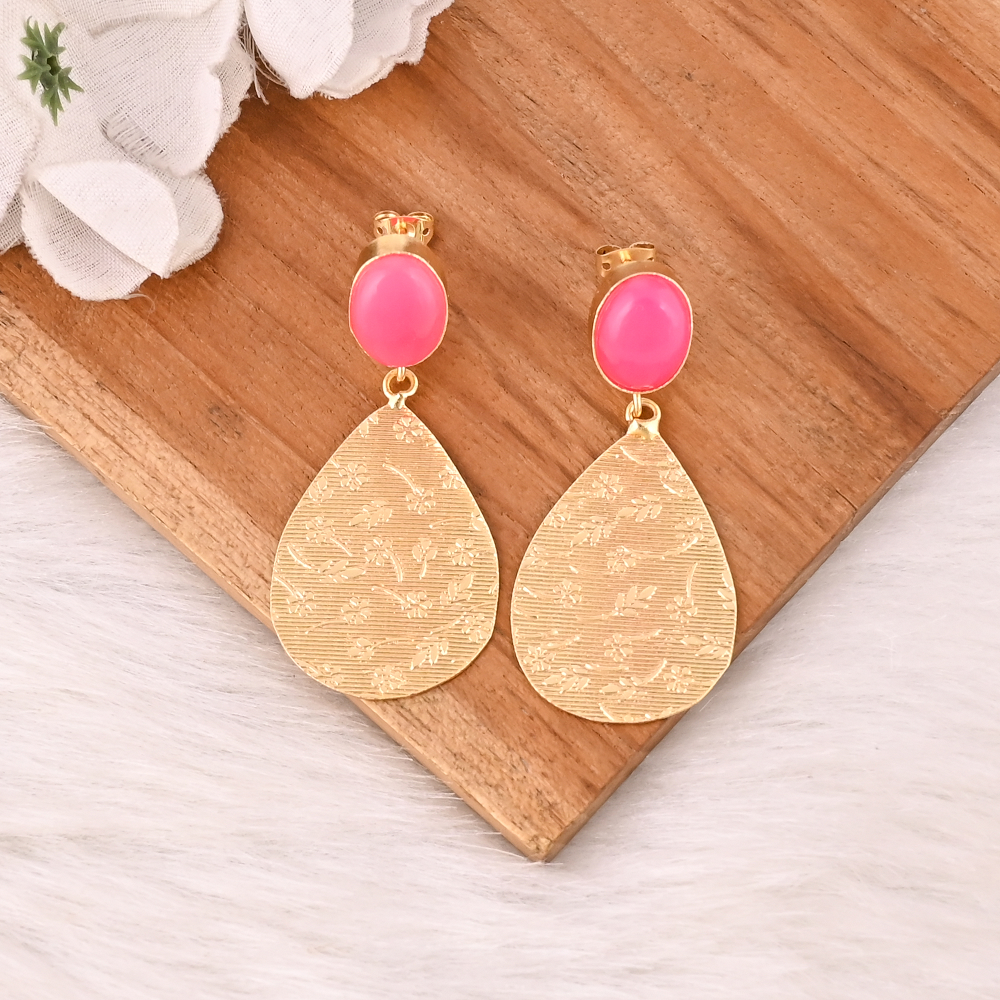 Fuchsia Chalcedony Gemstone Brass Earrings Vintage Style Handmade Fashion Jewelry for Women