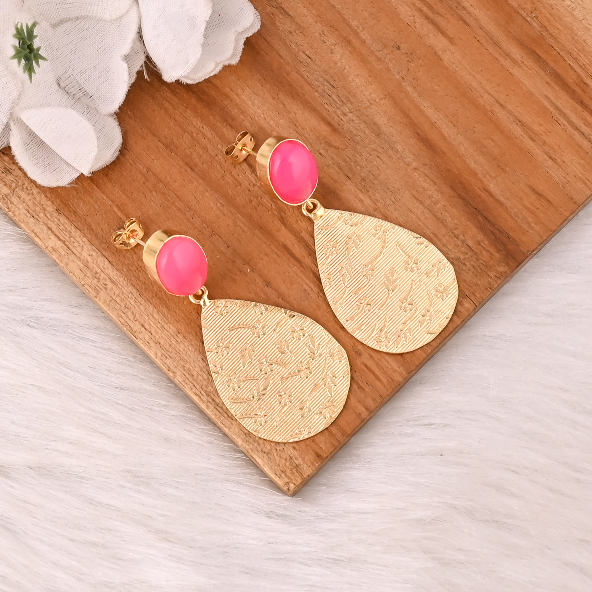 Fuchsia Chalcedony Gemstone Brass Earrings Vintage Style Handmade Fashion Jewelry for Women