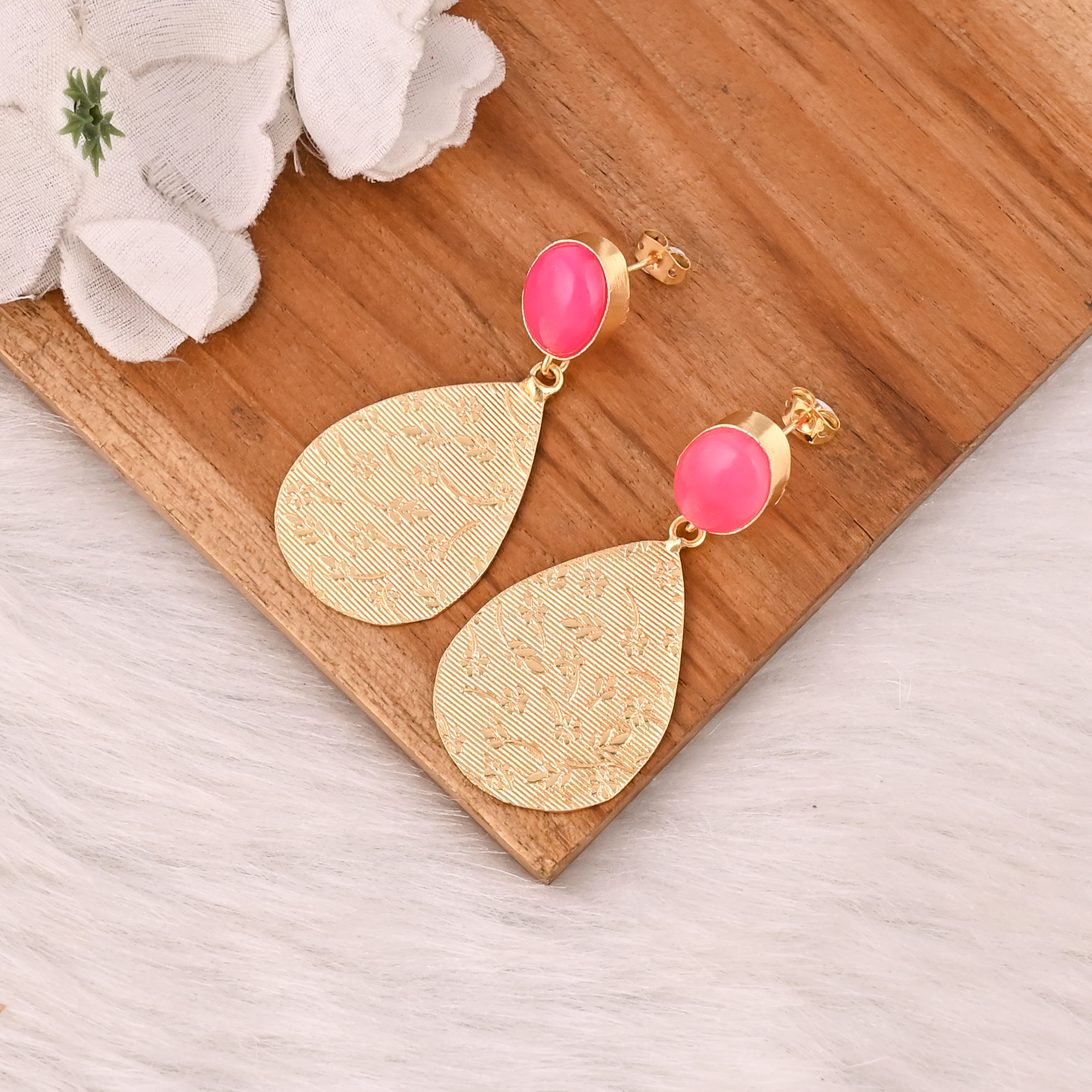 Fuchsia Chalcedony Gemstone Brass Earrings Vintage Style Handmade Fashion Jewelry for Women