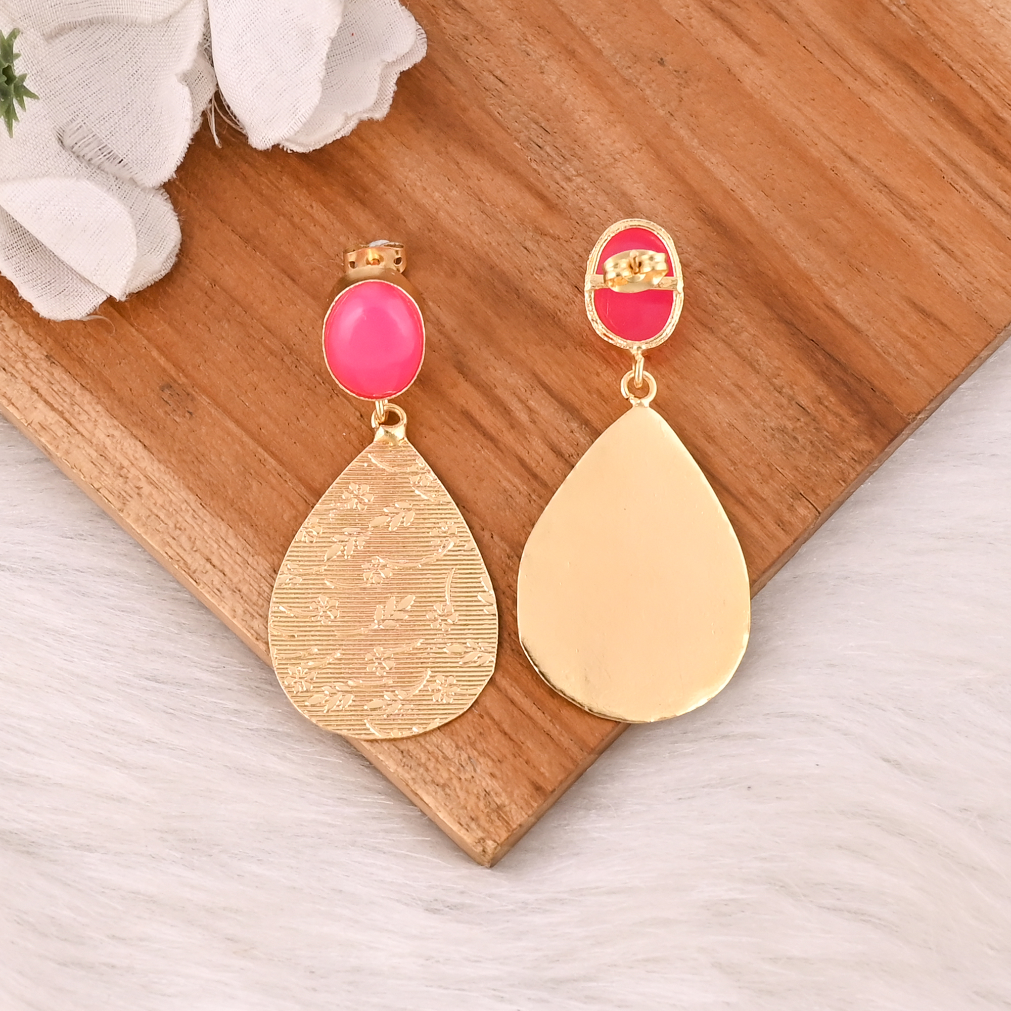 Fuchsia Chalcedony Gemstone Brass Earrings Vintage Style Handmade Fashion Jewelry for Women
