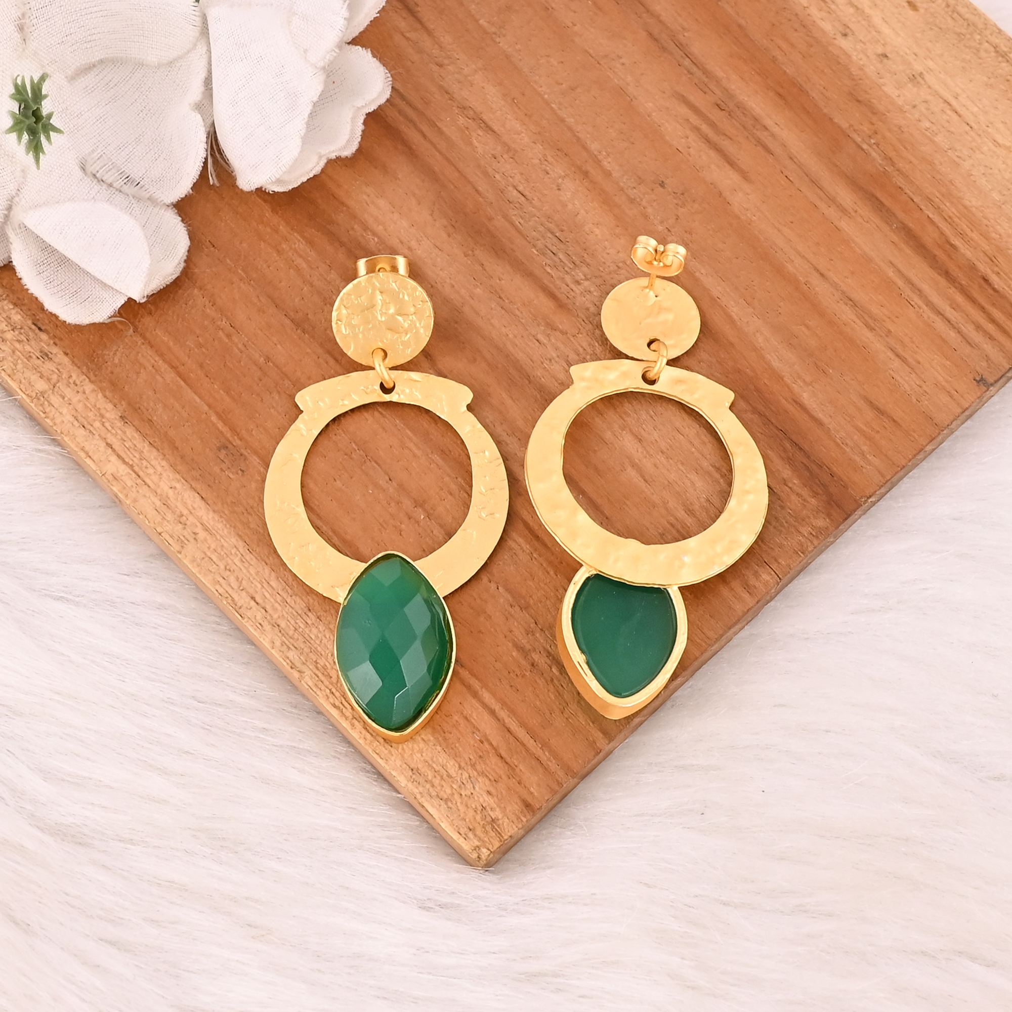 Stylish Elegant Natural Green Onyx Gemstone Drop Earrings For Women