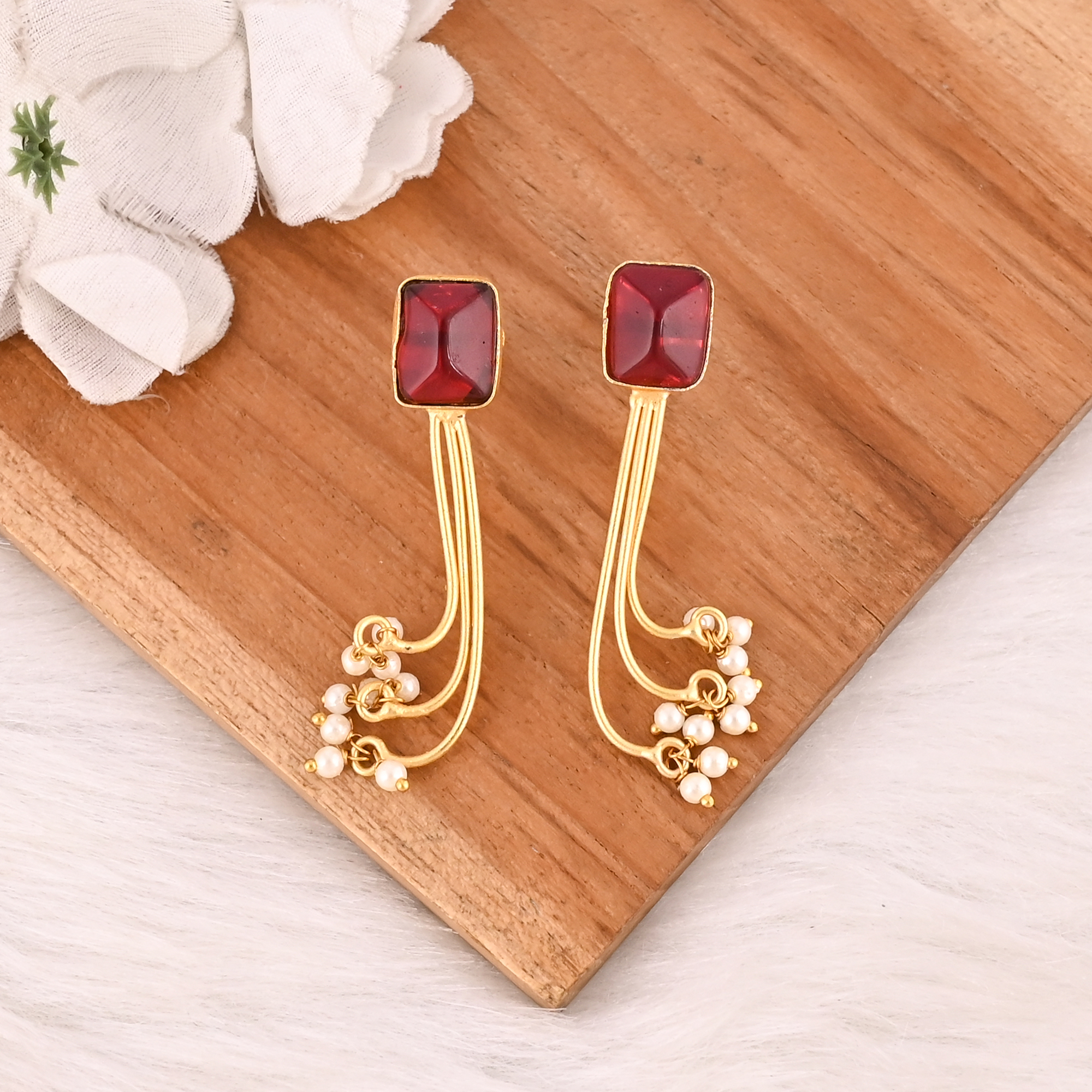 Stylish Garnet Hydro  Pearl Stone Dangle Earrings Handmade Brass Jewelry for Women