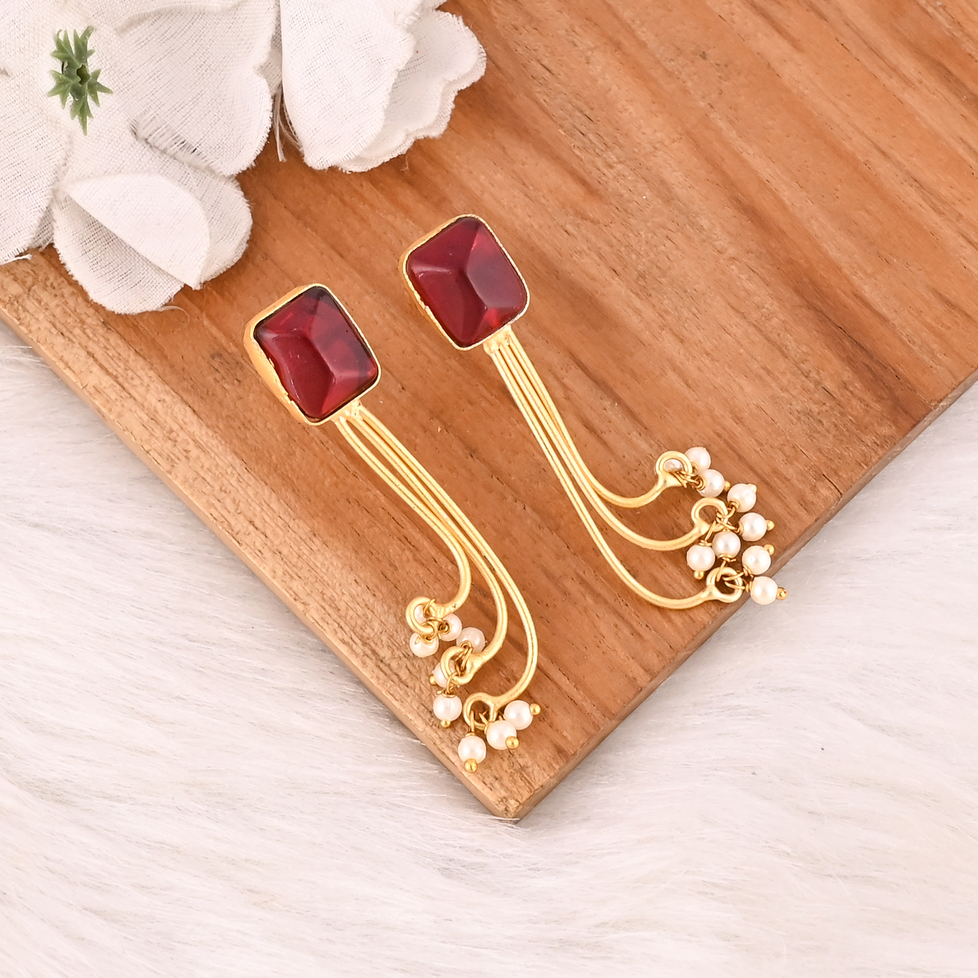 Stylish Garnet Hydro  Pearl Stone Dangle Earrings Handmade Brass Jewelry for Women