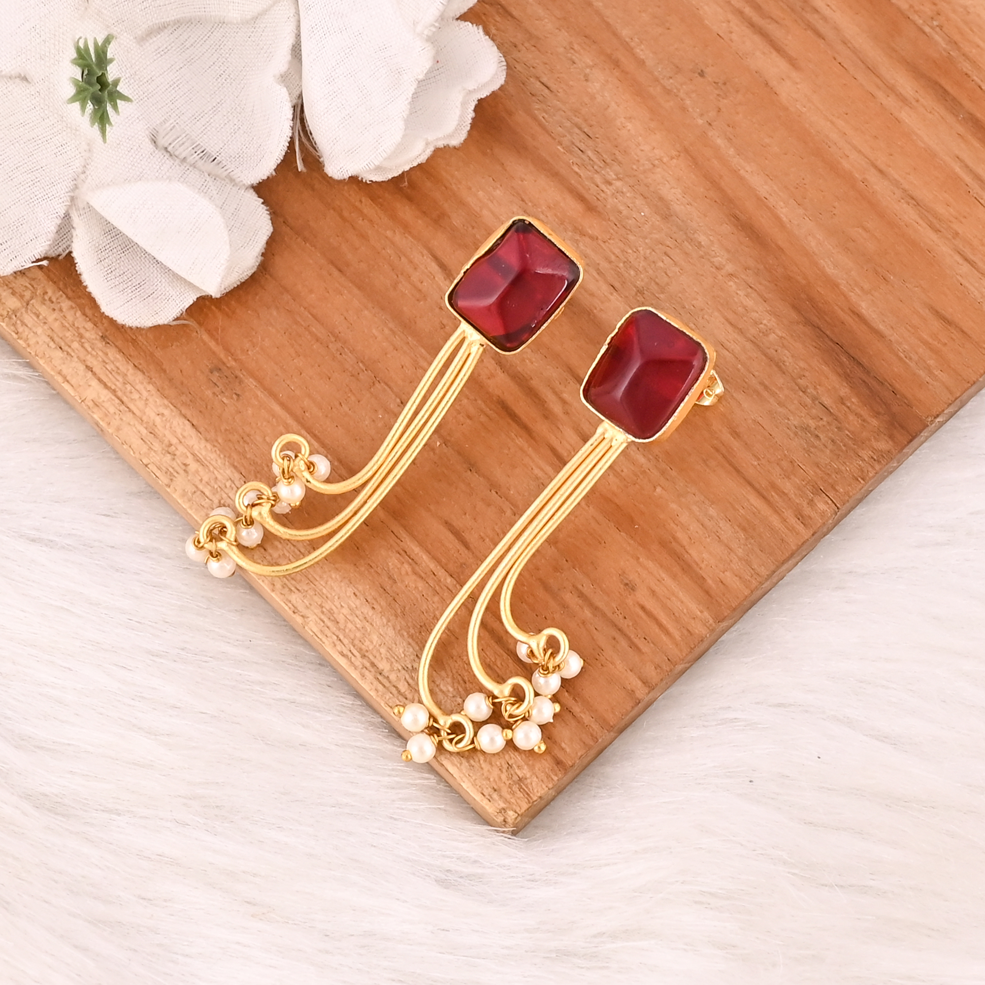 Stylish Garnet Hydro  Pearl Stone Dangle Earrings Handmade Brass Jewelry for Women