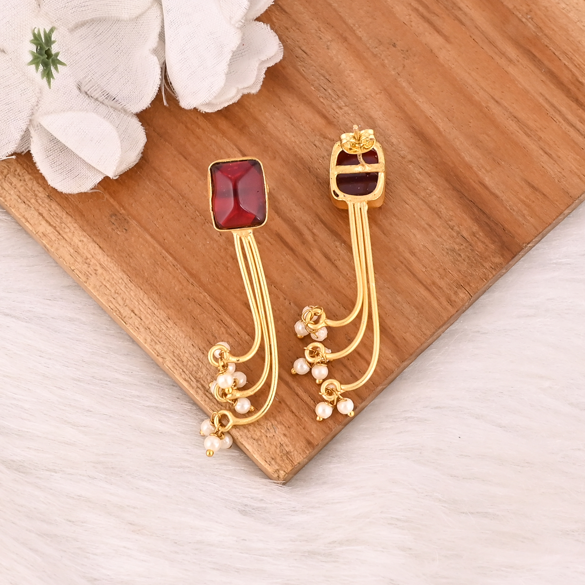 Stylish Garnet Hydro  Pearl Stone Dangle Earrings Handmade Brass Jewelry for Women