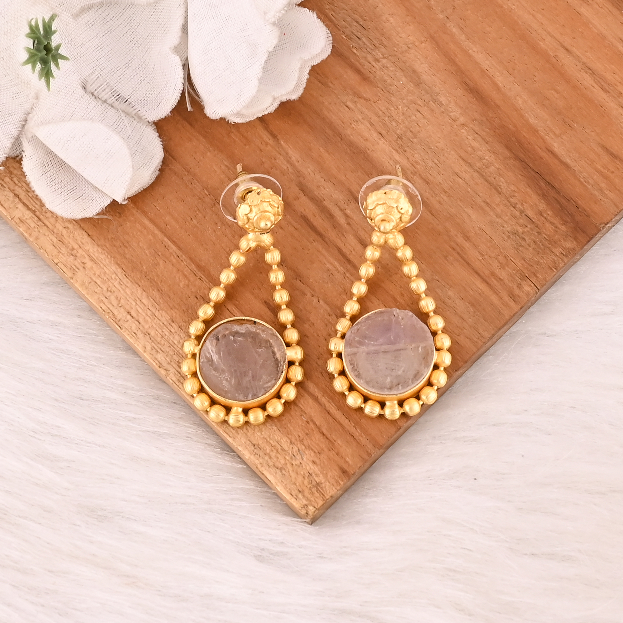 Natural Rose Quartz Brass Gold Plated Earring Handmade Gemstone Dangle Jewelry for Women