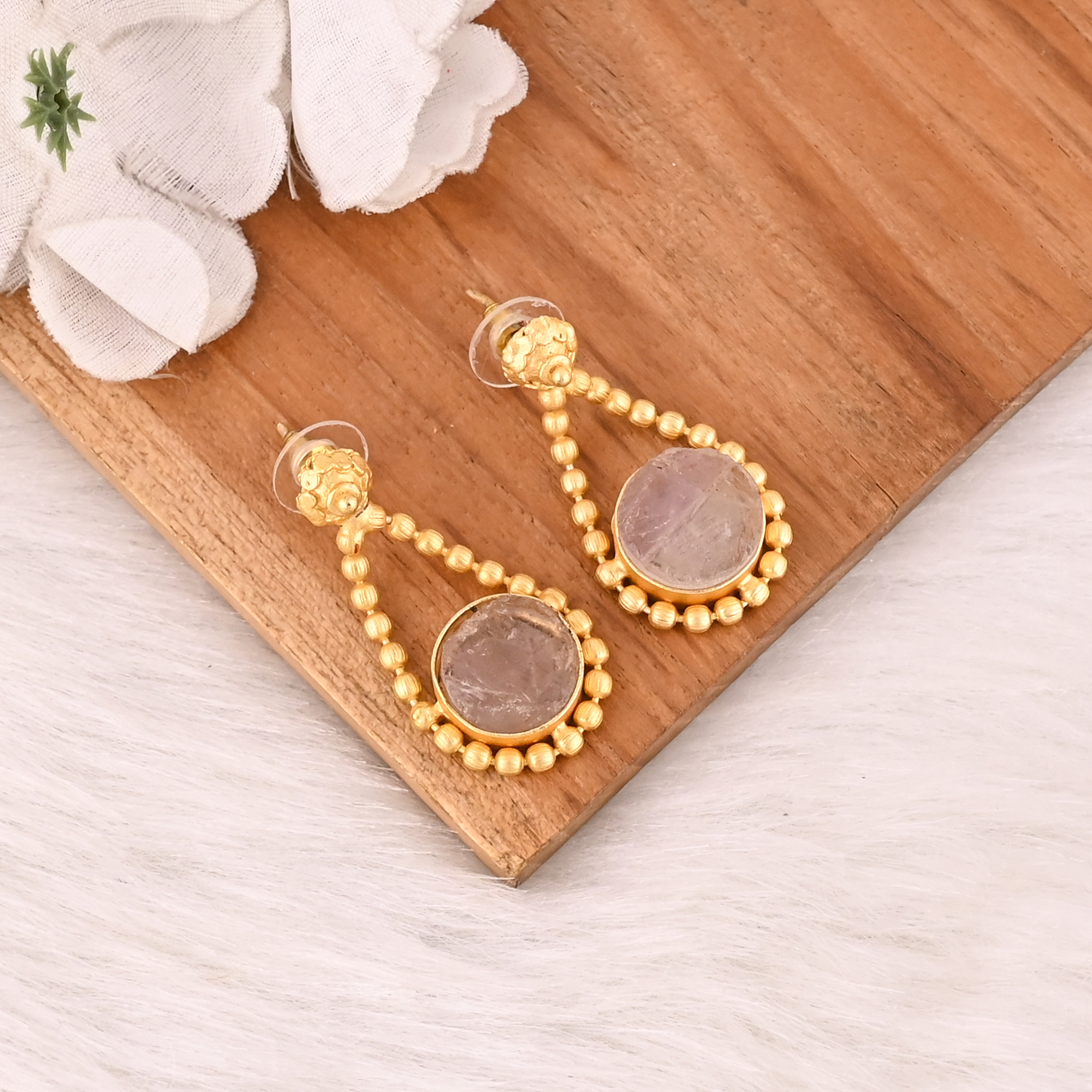 Natural Rose Quartz Brass Gold Plated Earring Handmade Gemstone Dangle Jewelry for Women